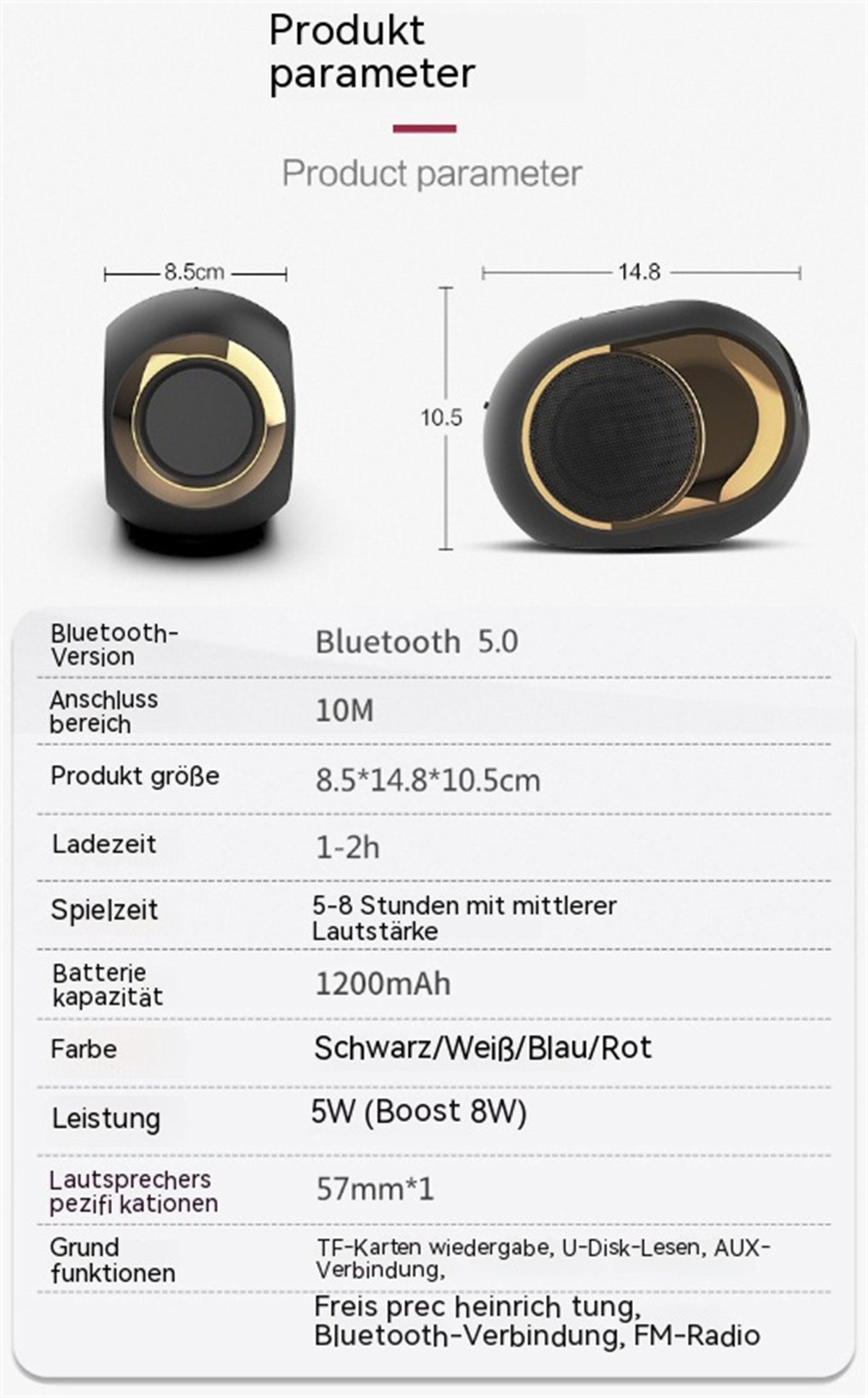 (5 selected W) Stereo-Bluetooth-Außenlautsprecher Bluetooth-Lautsprecher Tragbarer kabelloser carefully Rot