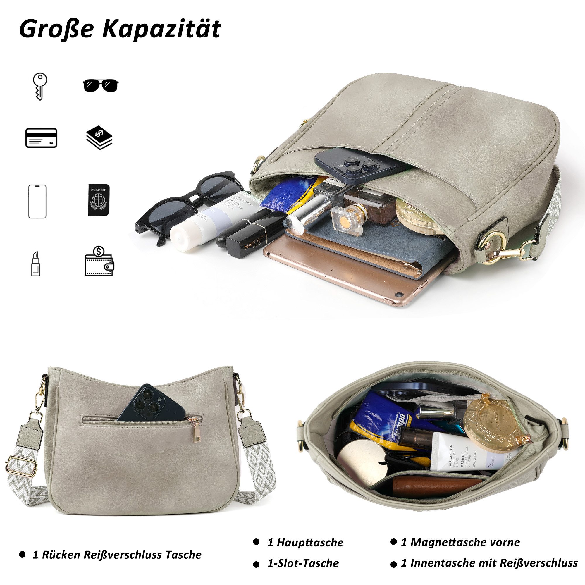 TAN.TOMI Umhängetasche Handtasche Damen mittelgroß Schultertasche Crossbody Bag, Damenhandtasche Mehrere Fächertaschen – Bild 3 von 5