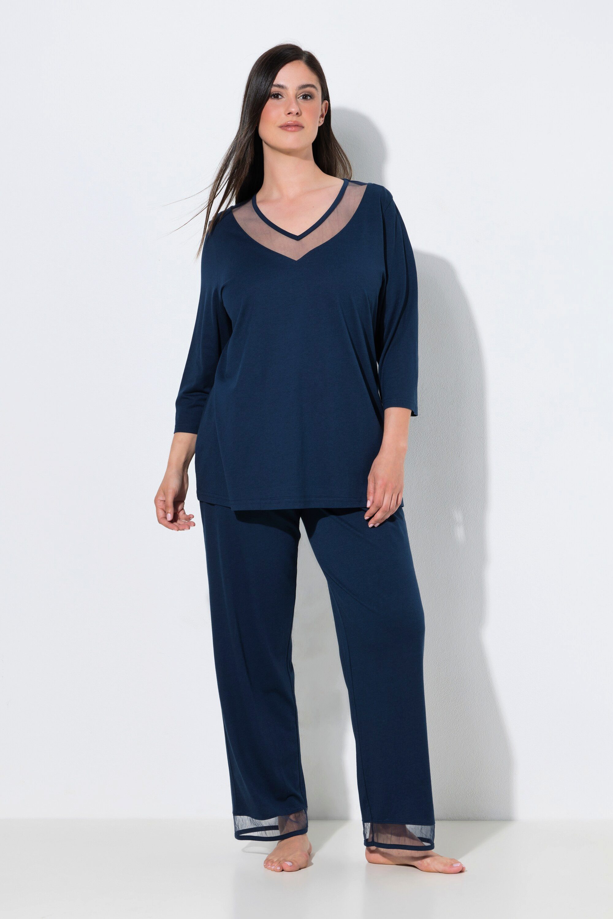 Ulla Popken Pyjama Pyjama Mesh V-Ausschnitt 3/4-Arm