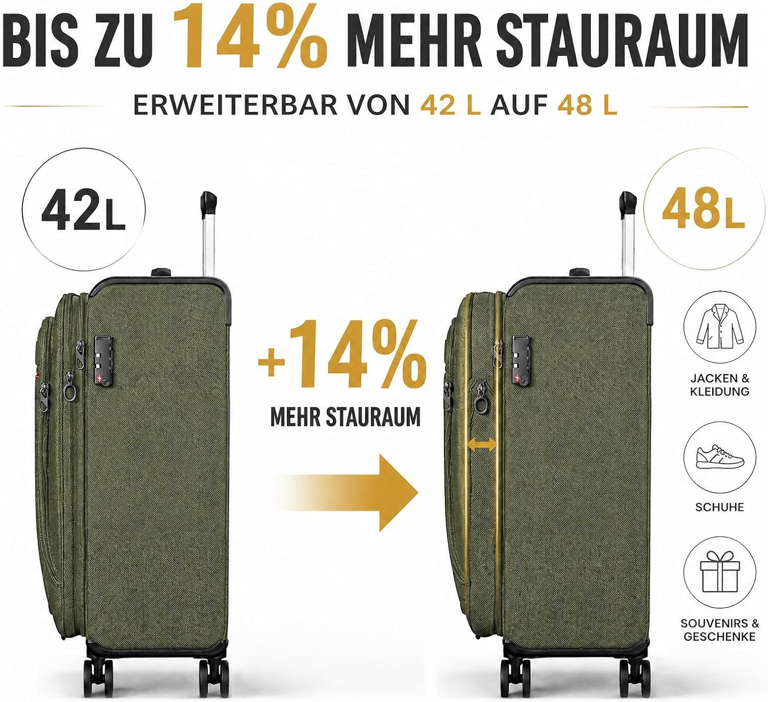 Verage Weichgepäck-Trolley Toledo Weichschalenkoffer Reisekoffer, 4 Rollen, TSA-Schloss, erweiterbar Stoffkoffer Volumenerweiterung S/M/L/Sets – Bild 2 von 5