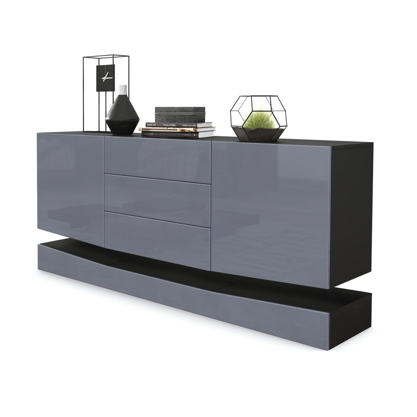 Vladon Sideboard City (Kommode, mit 2 Türen und 3 Schubladen), Schwarz matt/Grau Hochglanz (178 x 72 x 38 cm)