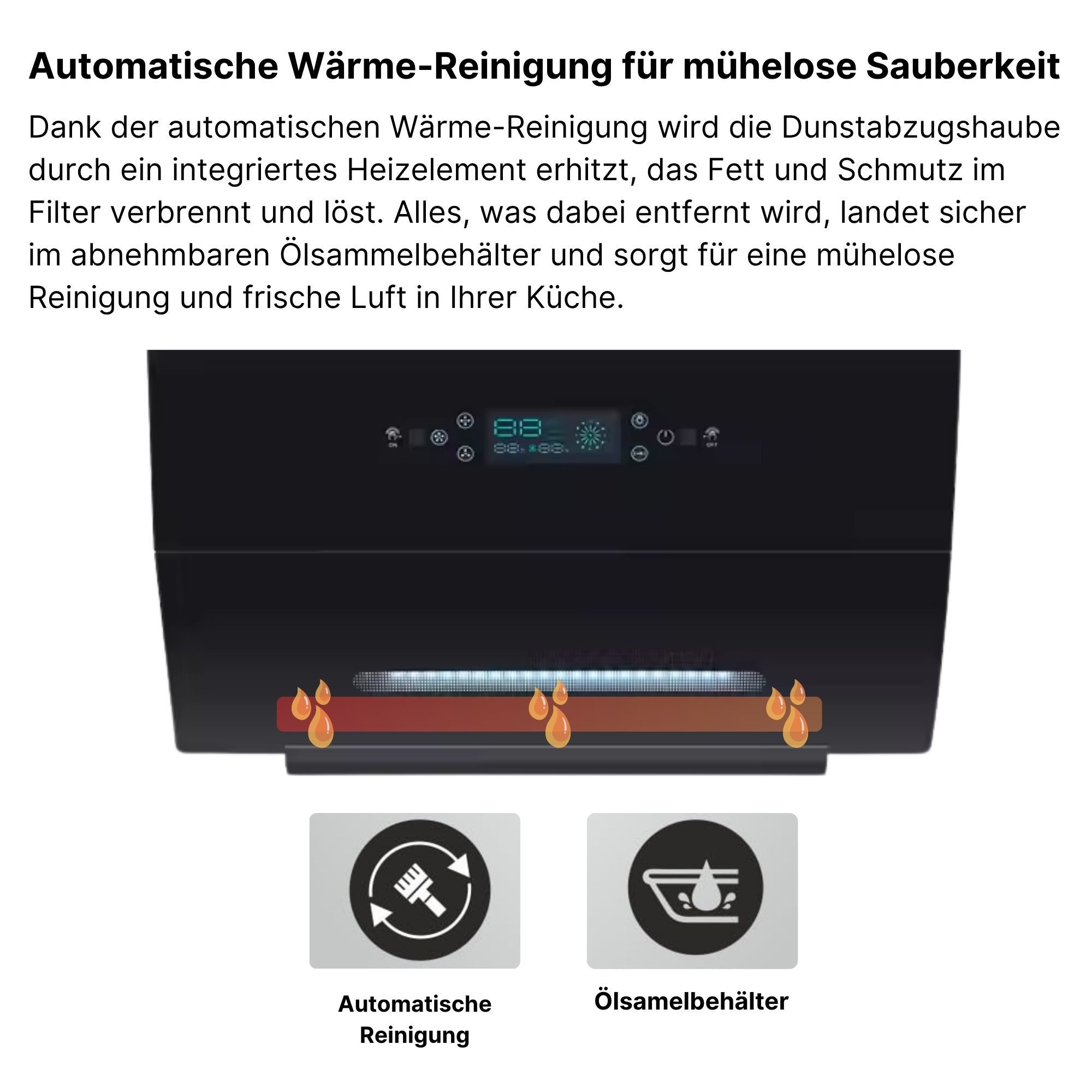 KB Elements Wandhaube Glas-Curved-Design, Selbstreinigungsfunktion Glas-Curved-Design, Selbstreinigungsfunktion, Automatische Wärmereinigung, Multifunktionales Display