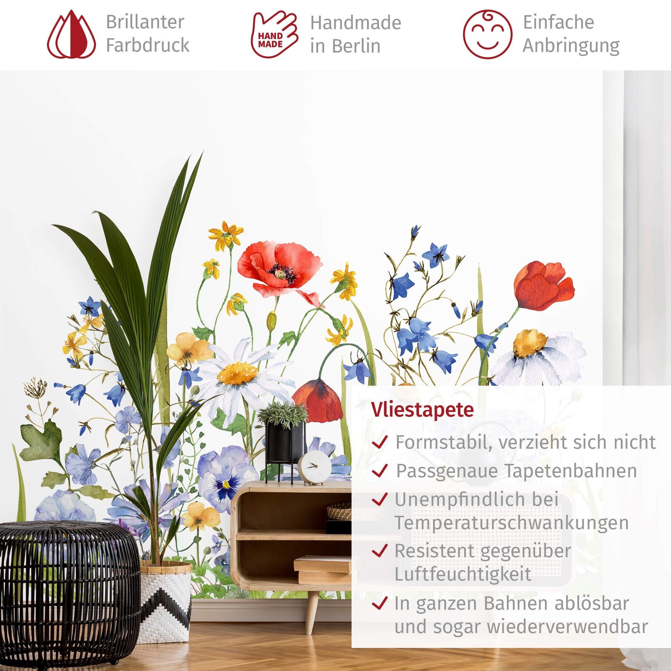 Bilderdepot24 Fototapete Mohnblumen Aquarell Blumenwiese Mohn Floral Blumen Natur Wanddeko, Glatt, Matt, (Vliestapete inkl. Kleister oder selbstklebend), Wohnzimmer Schlafzimmer Küche Flur Motivtapete Vliestapete Wandtapete