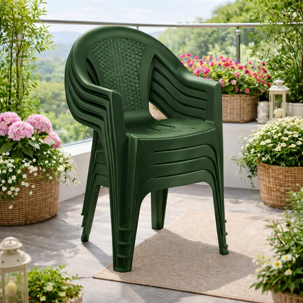 Mojawo Armlehnstuhl 4x Stapelstuhl Gartenstuhl Outdoorstuhl Kunststoff Rattan-Optik Grün