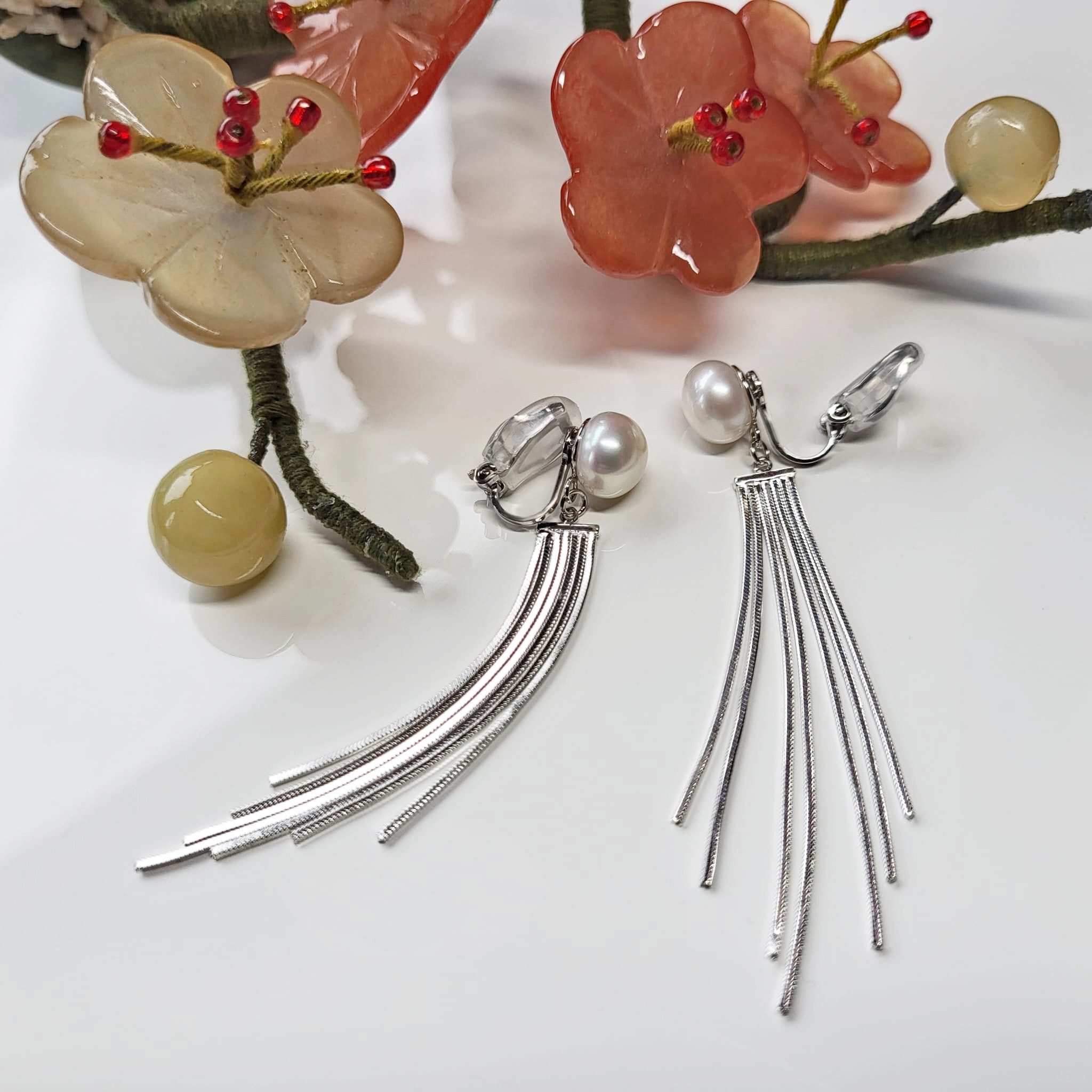 Schöner-SD Paar Ohrclips Perlenohrclips Süßwasserperle Clips mit langen Ket günstig online kaufen