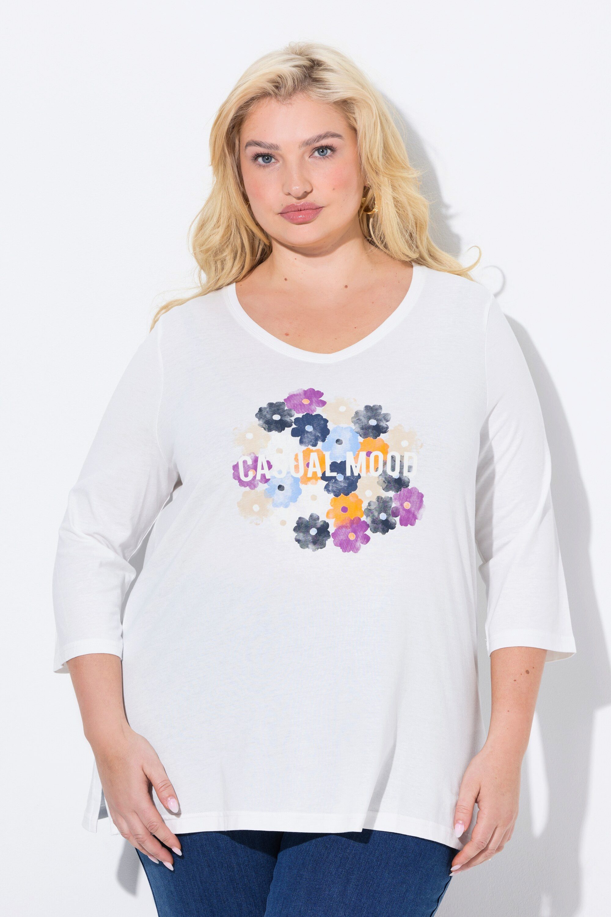 Ulla Popken T-Shirt Shirt Blüten Classic V-Ausschnitt 3/4-Arm – Bild 5 von 5