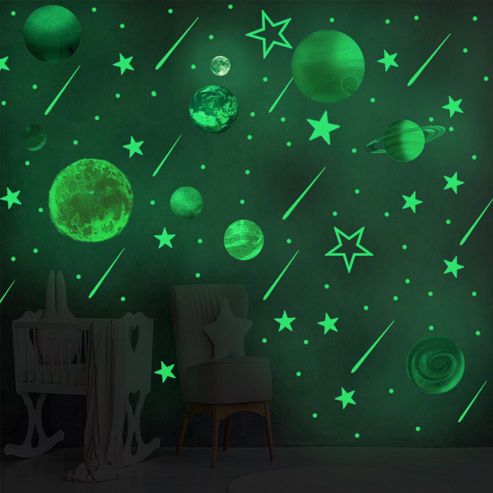 MOPUEA Wandtattoo 10 Planeten Wandtattoo Leuchtsterne Kinder inkl 3 Bögen Sterne (Leuchtende Wandsticker Sterne Planeten Kinder Zimmer Deko, Kinder Raum Dekoration Sterne Planeten Leucht Sticker Lernset), Leuchtend selbstklebend wasserfest kinderfreundlich dekorativ