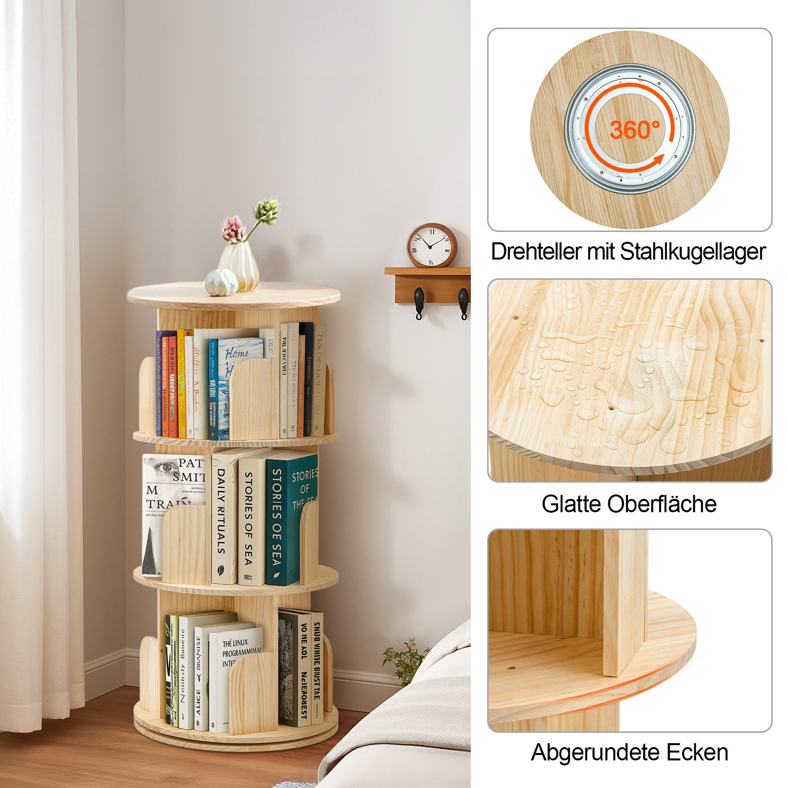 Youyijia Bücherregal 3/4/5-stöckig, Drehregal aus Kiefernholz Naturholzfarbe – Bild 4 von 5