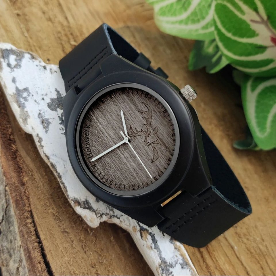 Holzwerk Quarzuhr HIRSCHHORN Damen & Herren Leder Holz Uhr mit Hirsch Logo,  schwarz