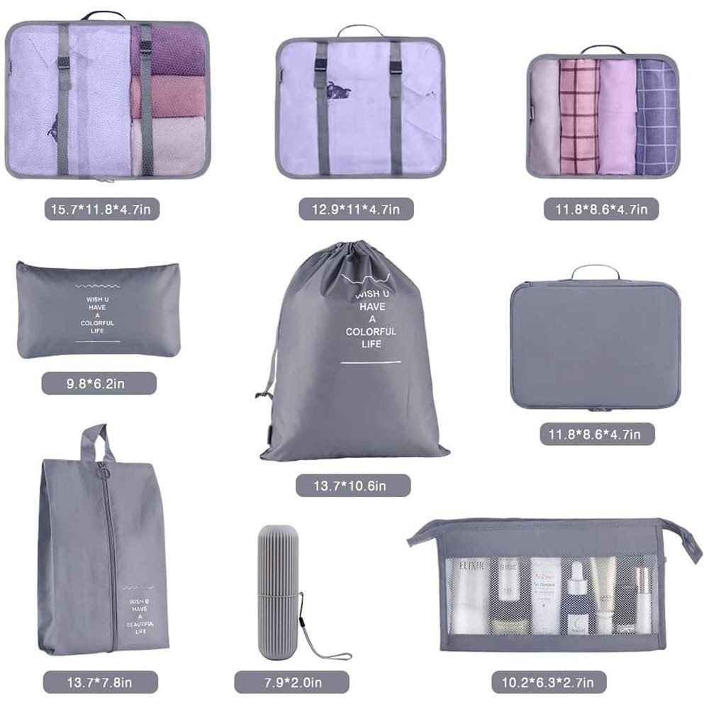 TUWENA Kofferorganizer Koffer Organizer Set 9-teilig, Reise Kleidertaschen mit Waschbecher, Verpackungswürfel mit Kosmetiktasche, Schuhbeutel, Cubes, Reisezubehör