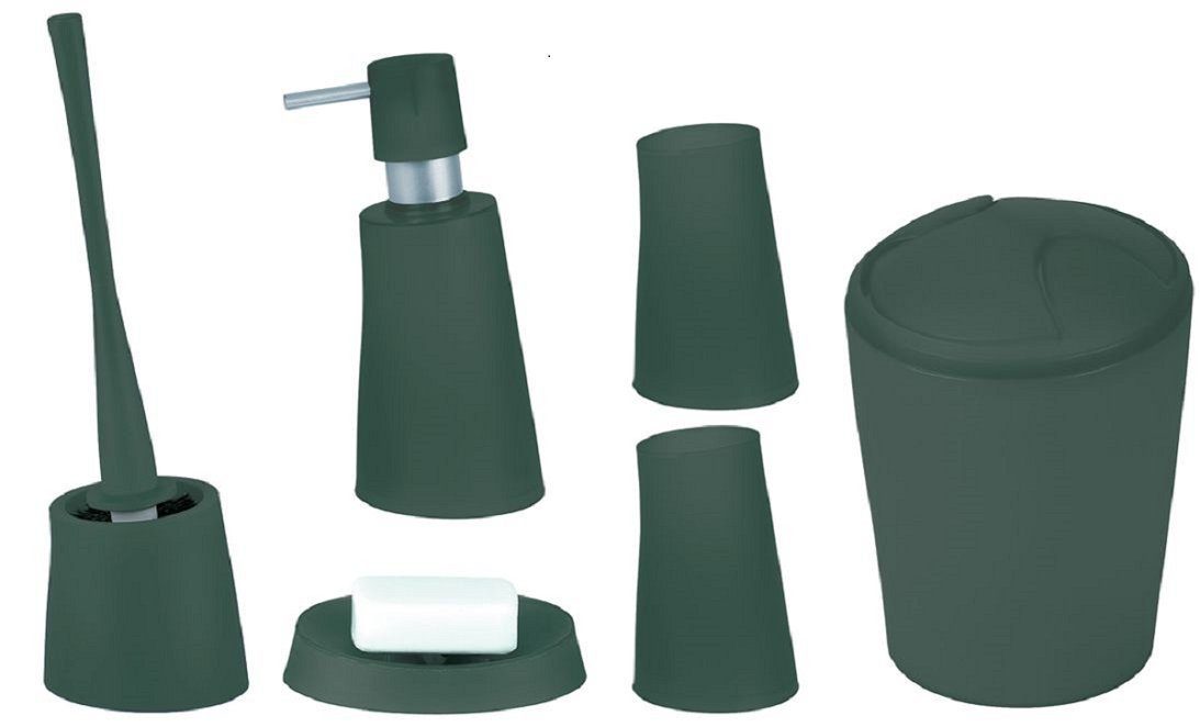 spirella Badaccessoires-Sets MOVE, Zubehör-Set aus hochwertigem Kunststoff PP, 6 tlg., bestehend aus: Kosmetik Schwingdeckeleimer 2L, WC-Bürste, Seifenspender, 2x Zahnputzbecher, Seifenschale, stylish-matter Frost Look, dunkelgrün, Komplett-Set Badezimmerzubehör, 6 tlg.