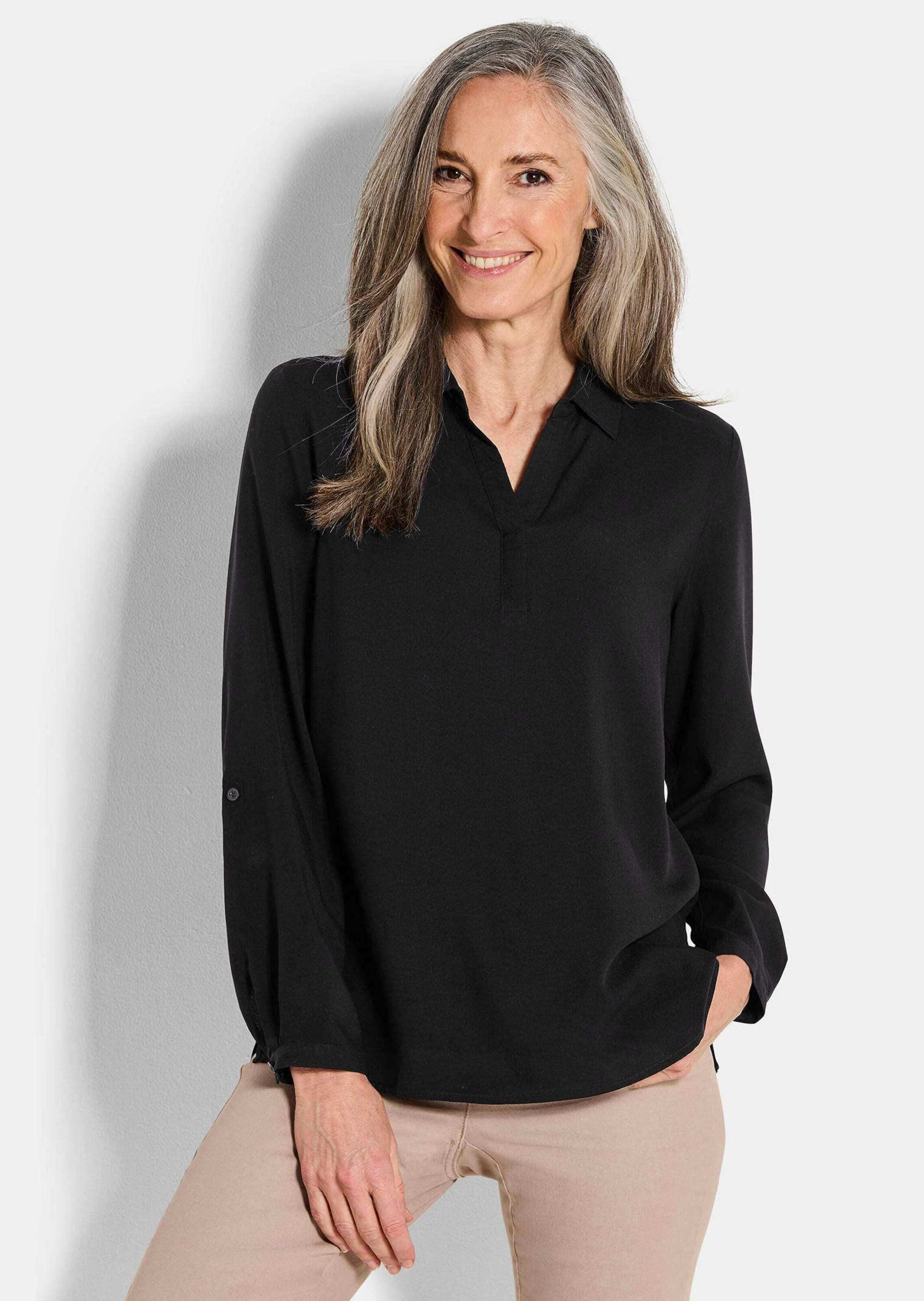 GOLDNER Klassische Bluse Zeitlose Viskosebluse mit Hemdkragen Fließende Hemdbluse mit Schlitzblende und Langarm