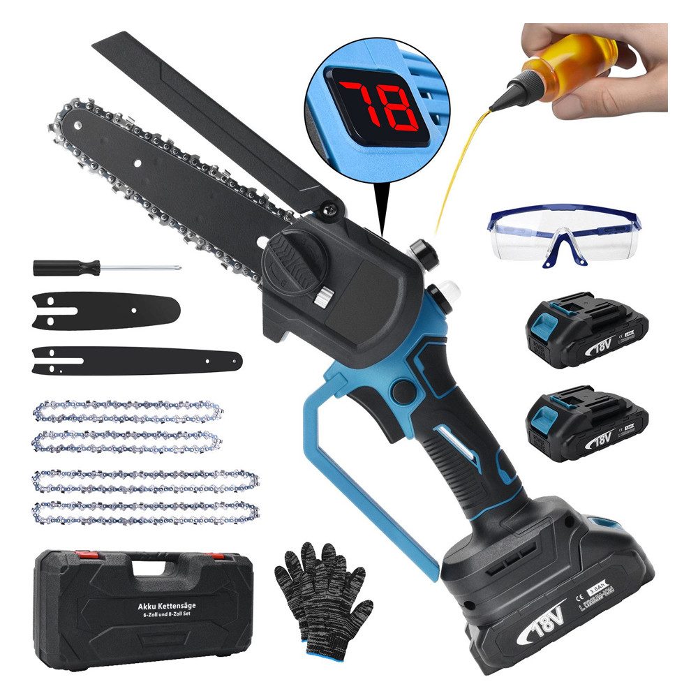 XERSEK Akku-Kettensäge 8 + 6 Zoll Mini Kettensäge mit Akku 4000 mAh, Bürste günstig online kaufen