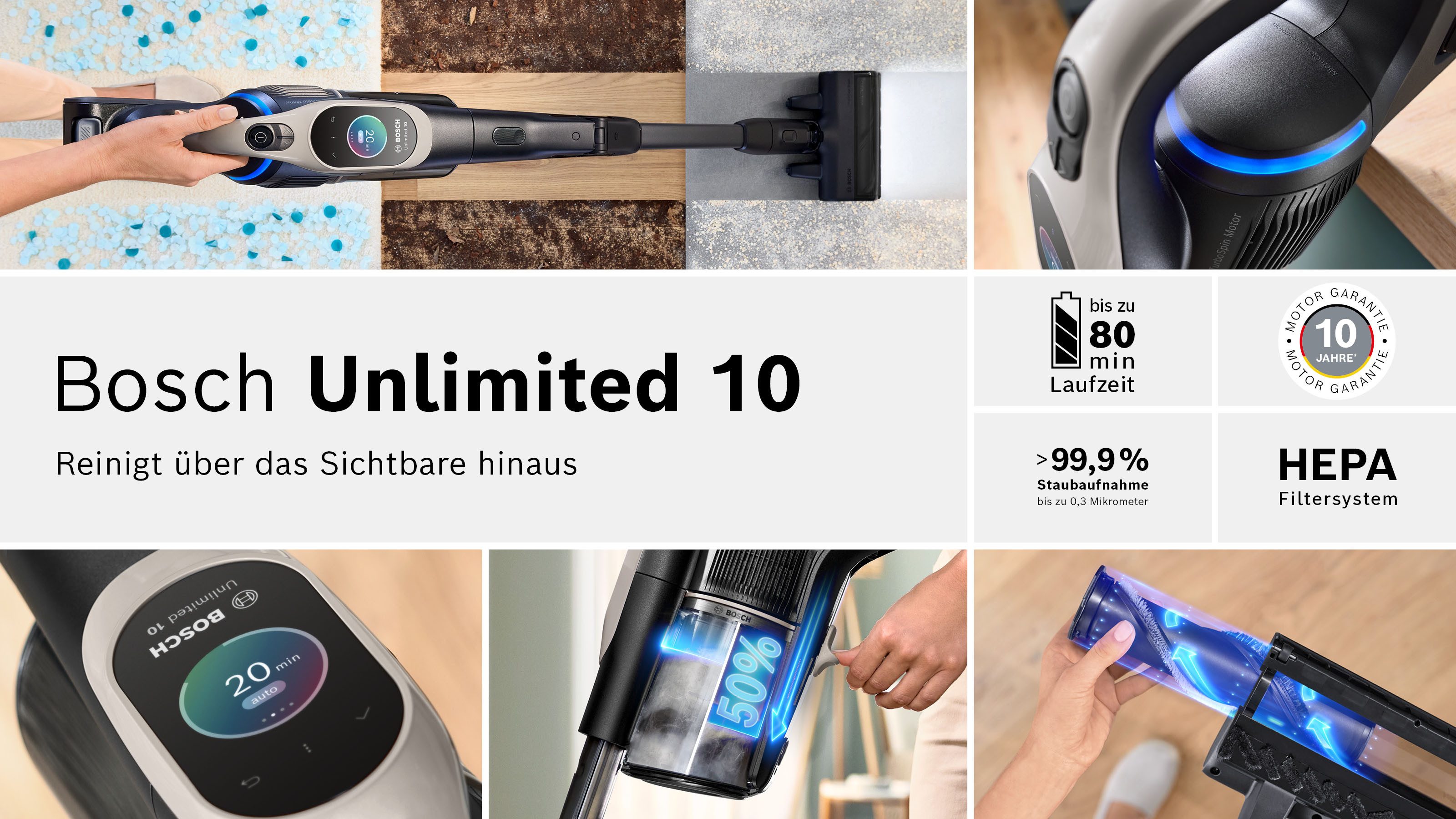 BOSCH Akku-Stielstaubsauger BTS1042GQC, 0 W, beutellos, Display, Knickrohr, HEPA-Filtersystem, Schnellladegerät, 2 Akkus, grau