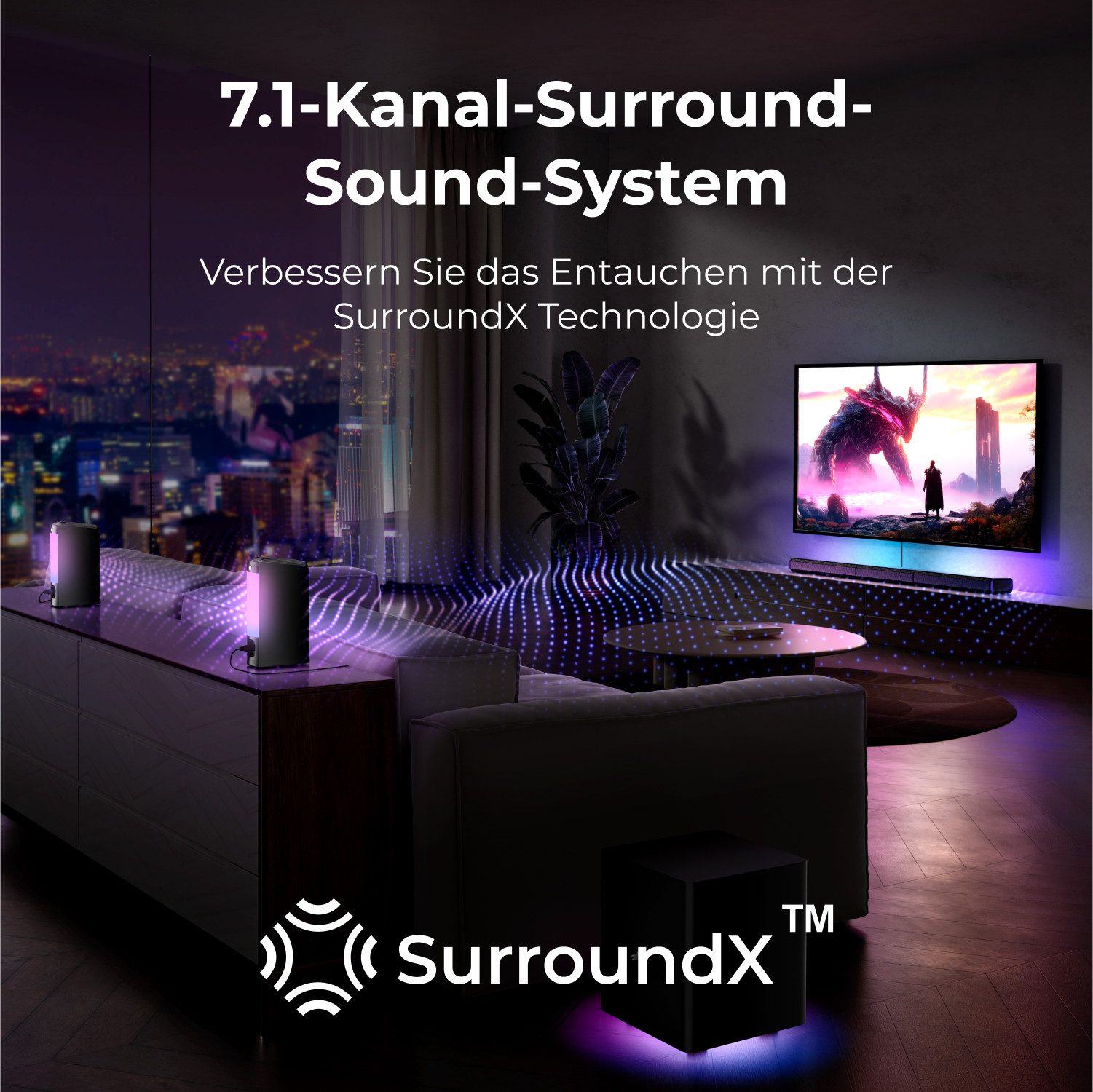 Ultimea Apollo S70 Ultra Soundbar 7.1-Kanal (HDMI/OPT/AUX/BT, 410 W, Mit 2 Surround Lautsprecher & 6.5" Subwoofer, mit RGB Licht, App)