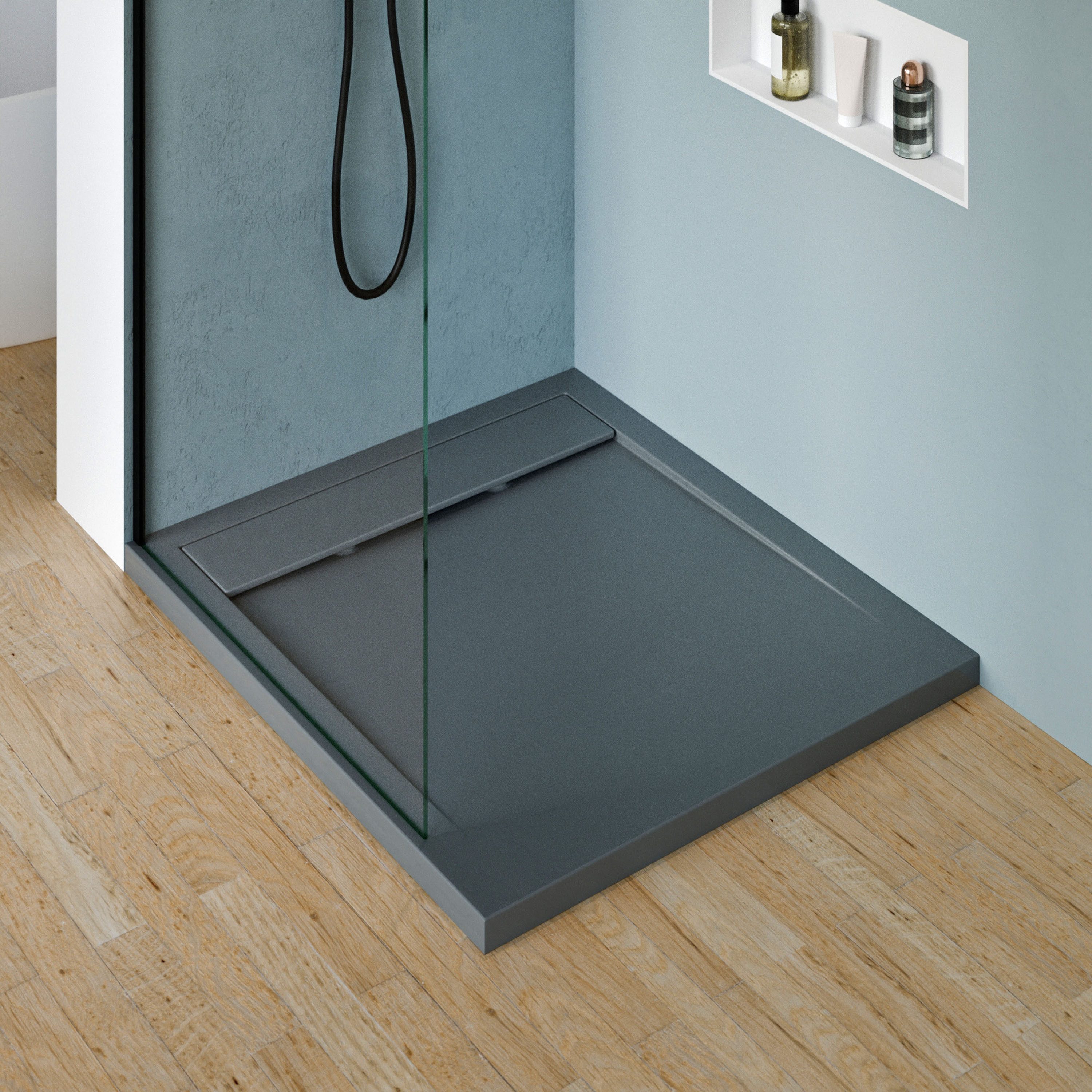 Bernstein Rechteckduschwanne New York, GFK mit Gel-Coat, Duschwanne 100x90cm Steinoptik Anthrazit matt flach ohne Ablauf