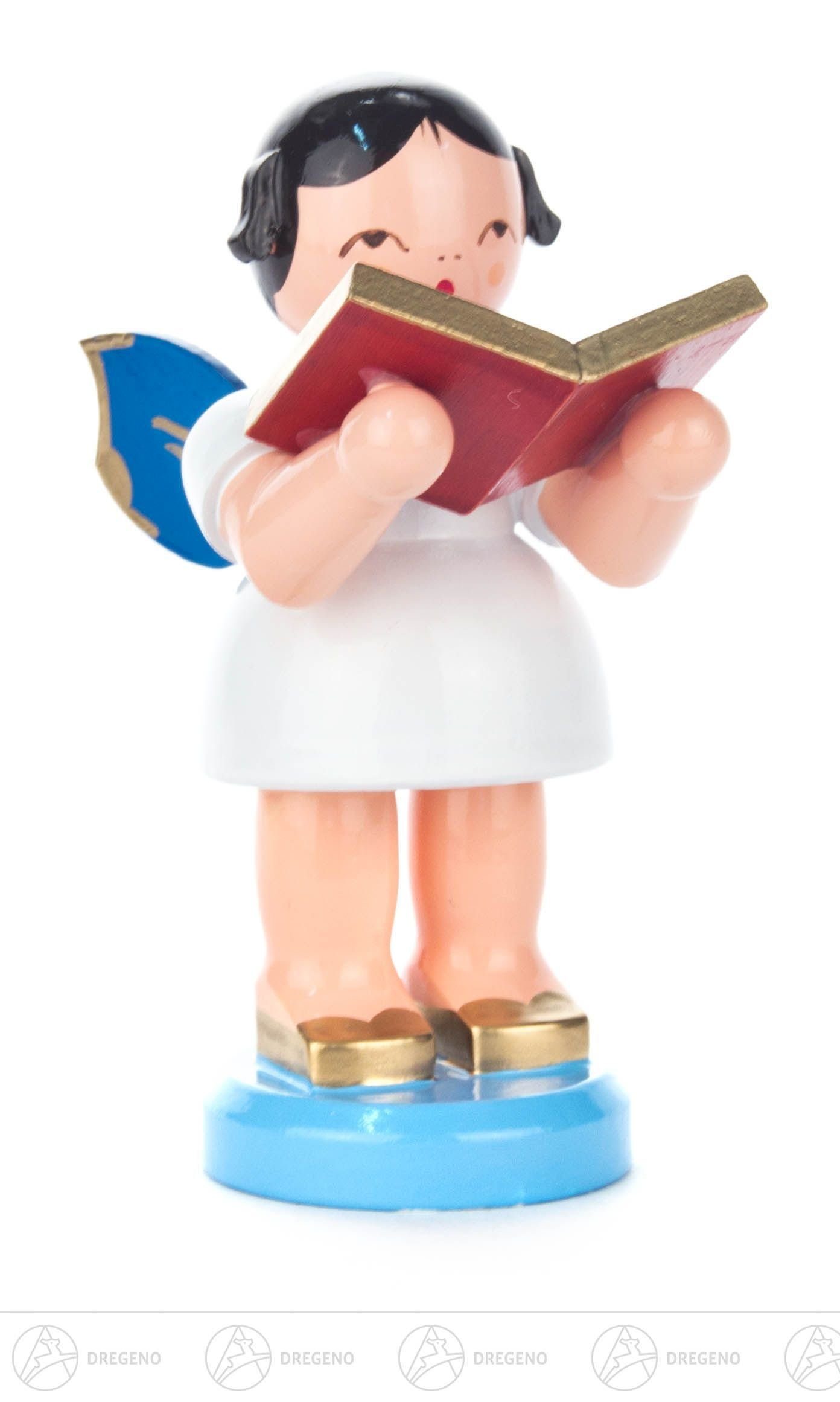 Dregeno Erzgebirge Engelfigur Engel mit Buch stehend groß, blaue Flügel Höhe ca 9 cm NEU