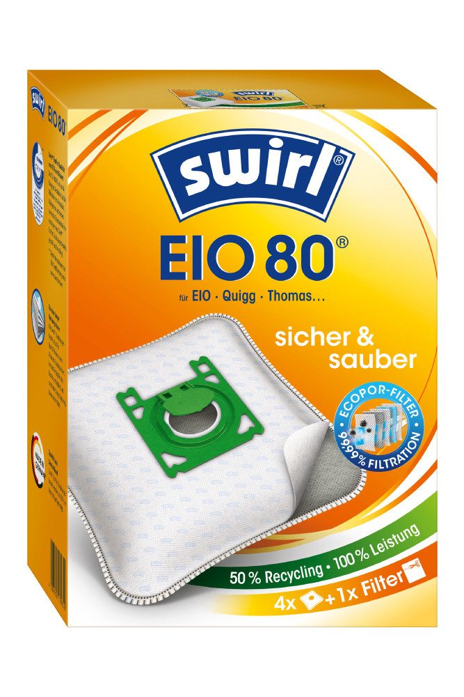 Swirl Staubsaugerbeutel Swirl EIO80 EIO 80, passend für EIO Koenic Quigg Staubsauger, inkl. 2 Filter - zuschneidbar, 8 St., Optimale Passform, MicroPor® Plus-Qualität für lange Nutzungsdauer