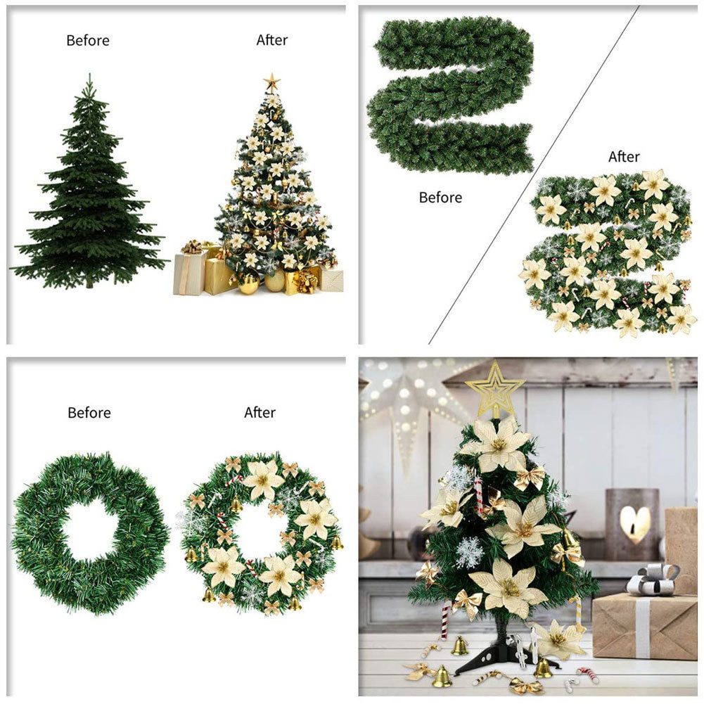 Coonoor Christbaumschmuck 120 Stück Weihnachtsbaum Künstliche Blumen set, für die Weihnachtsbaumdekoration