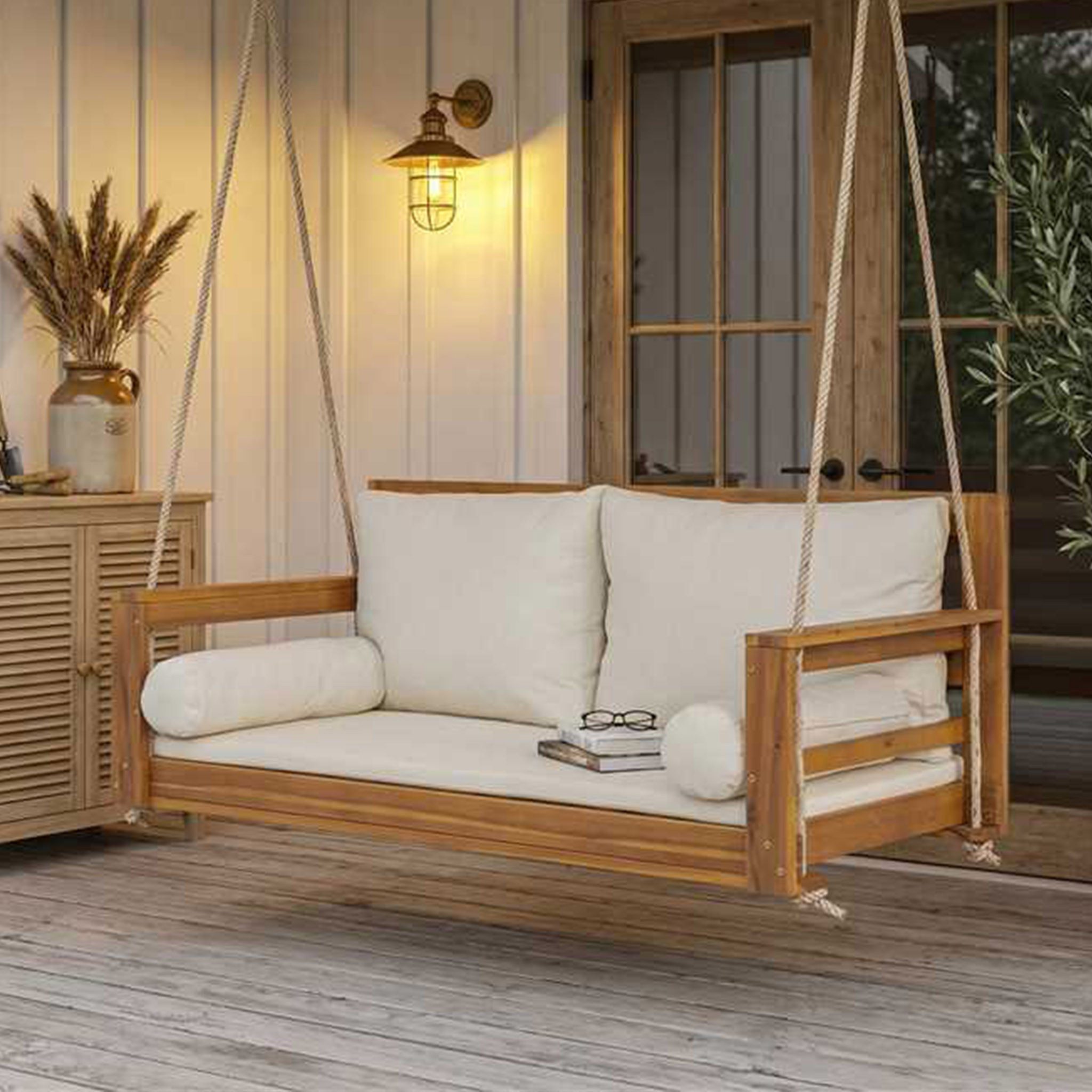 MODFU Hängesessel Mit waschbarem Kissen & Seilen, wetterfest (1-St., Doppel-Hängesessel aus Akazienholz, Massivholz + Beige), Ideal als Garten- & Terrassen-Schaukel, ohne Gestell