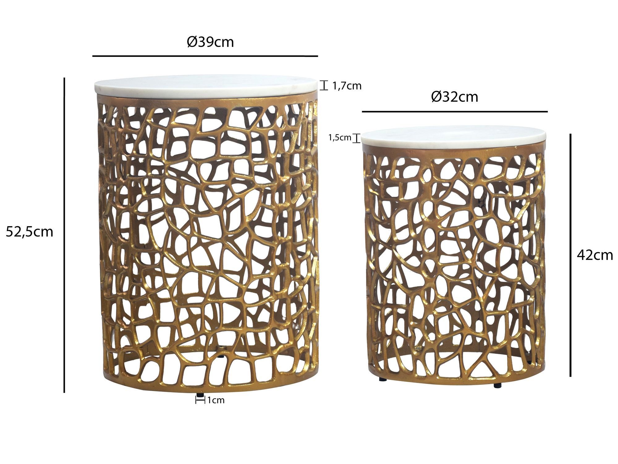 FINEBUY Satztisch FB117900 2er Set Couchtisch Gold Wohnzimmertisch Beistelltisch Marmor (Elegante Wohnzimmertische im schicken Zweierset), Weißer Naturstein kombiniert mit Metallgitter