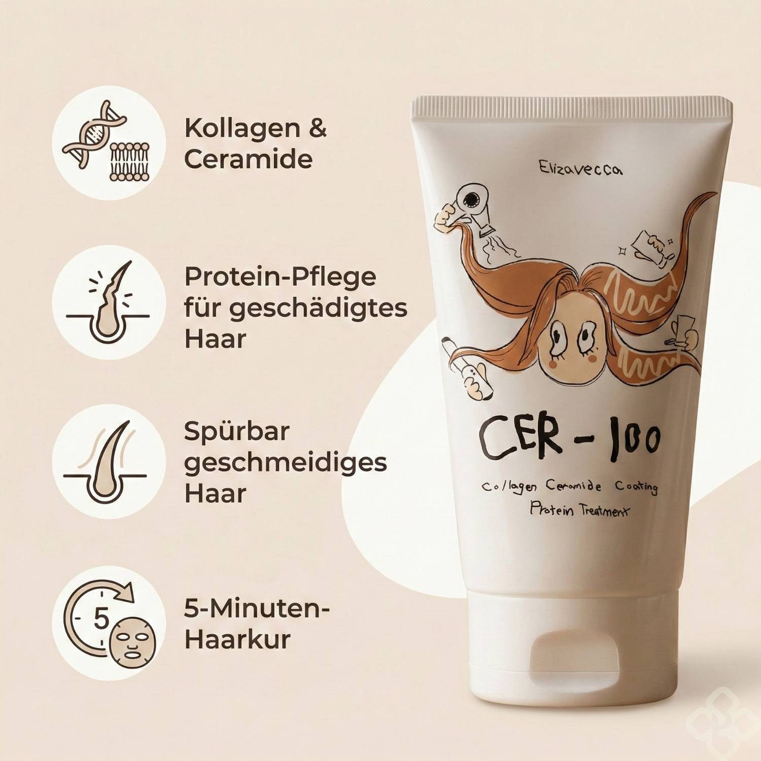 Elizavecca Haarshampoo Cer-100 Collagen Ceramide Coating Protein Treatment 100 ml – Haarmaske, für geschädigtes Haar mit Keratin, Kollagen, Ceramiden &, Proteinen – glättet, nährt & verbessert Kämmbarkeit