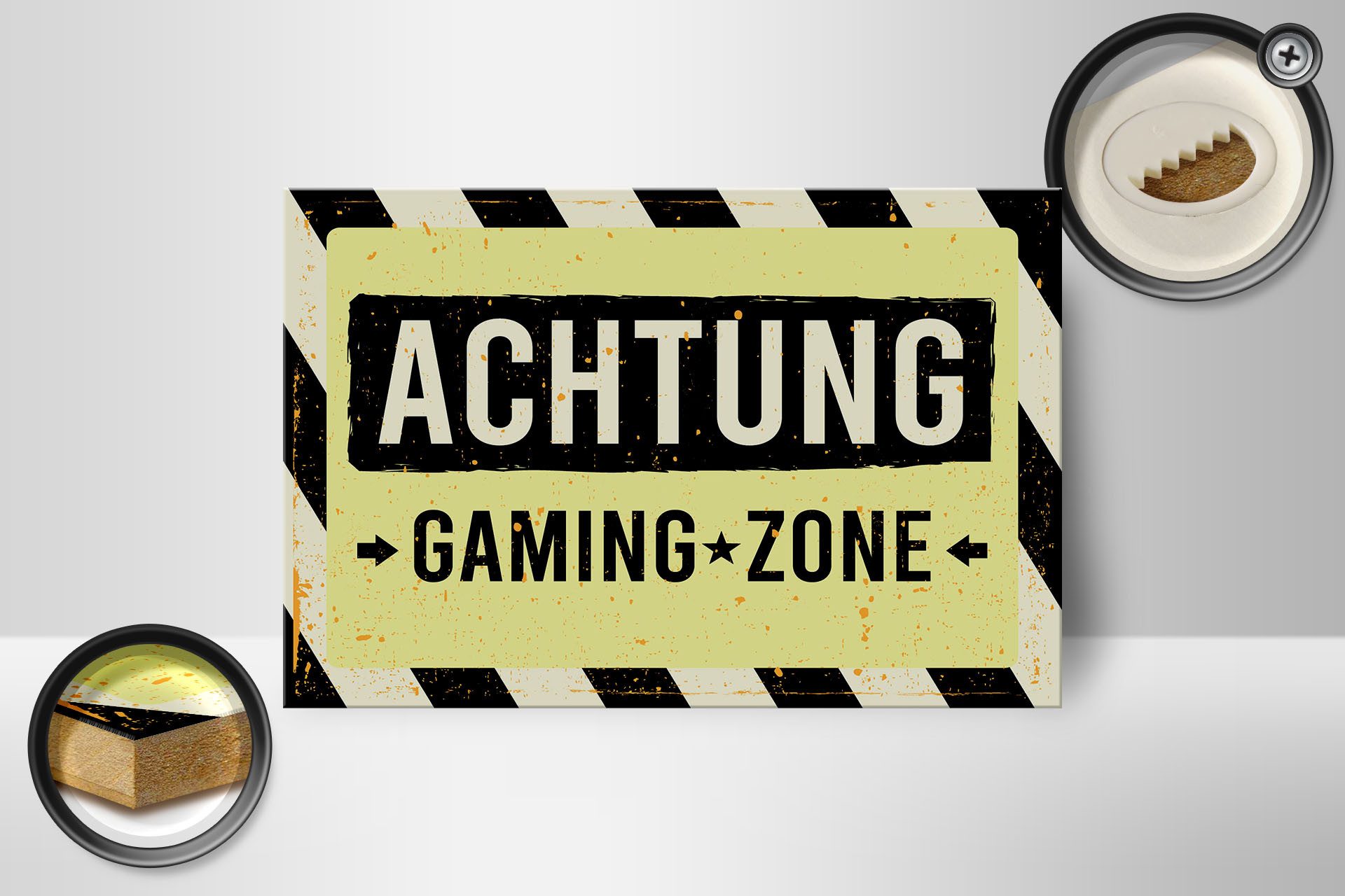 Femer GmbH Holzbild Hinweis 20x30 cm Achtung gaming zone, (1 St), Glatte Holzfaserplatte (MDF), vorn beschichtet