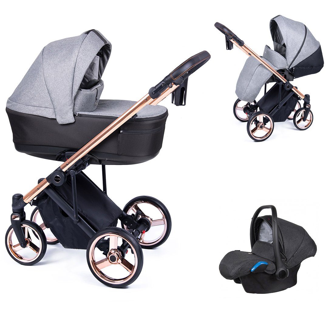 babies-on-wheels Kombi-Kinderwagen 3 in 1 Kinderwagen-Set Fado - 15 Teile - in 24 Designs Grau = Gestell gold