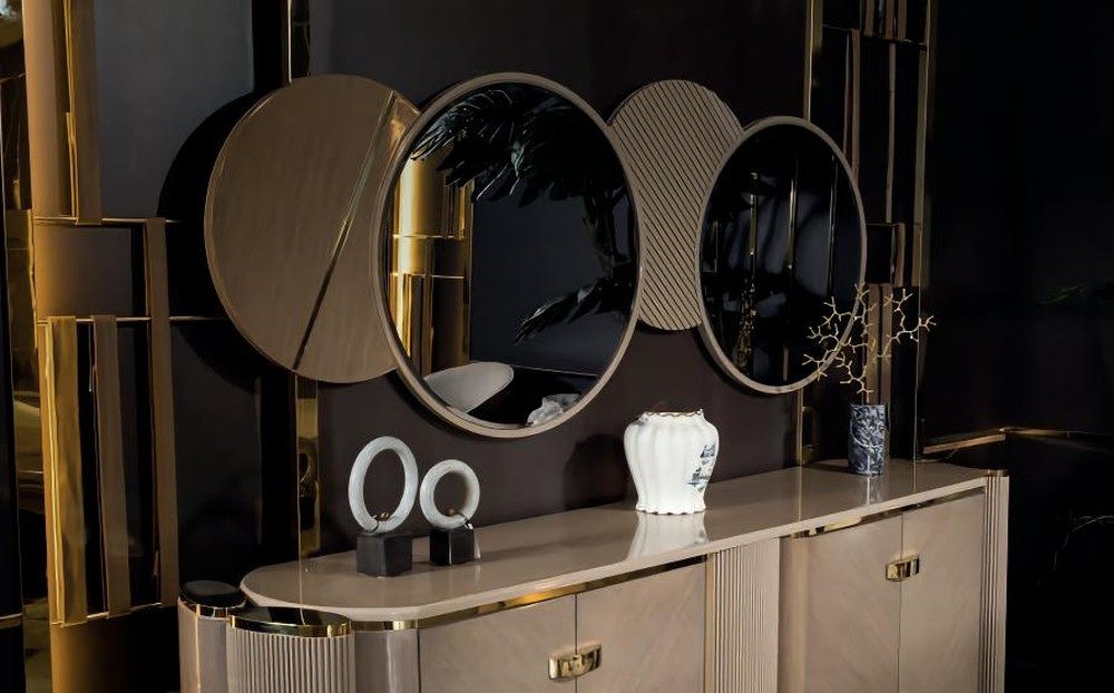 JVmoebel Dekospiegel Spiegel Wohnzimmer Metall Beige Holz Luxus Design Einrichtung, Made in Europa