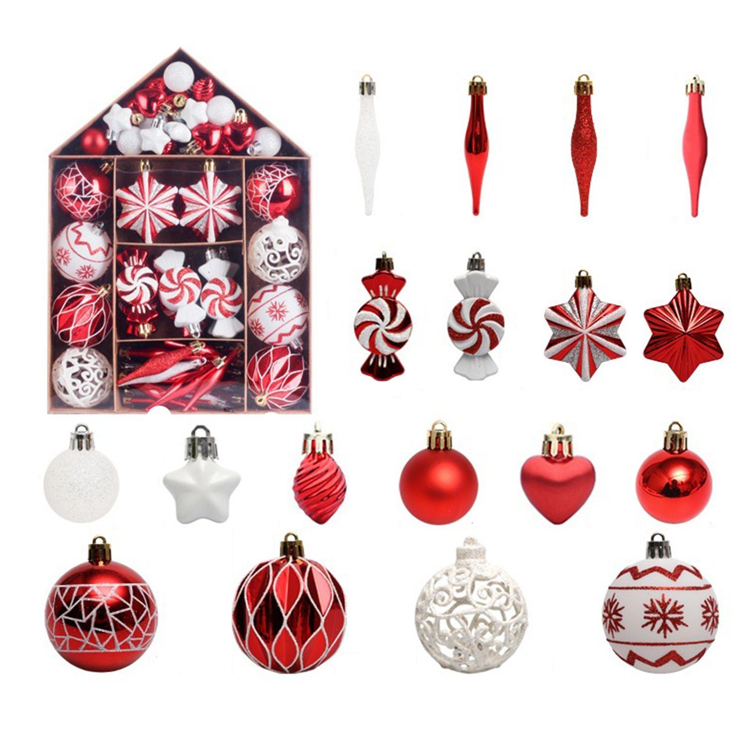MAGICSHE Weihnachtsbaumkugel Weihnachtsdeko Ornamente-Set 73tlg Rot/Weiß