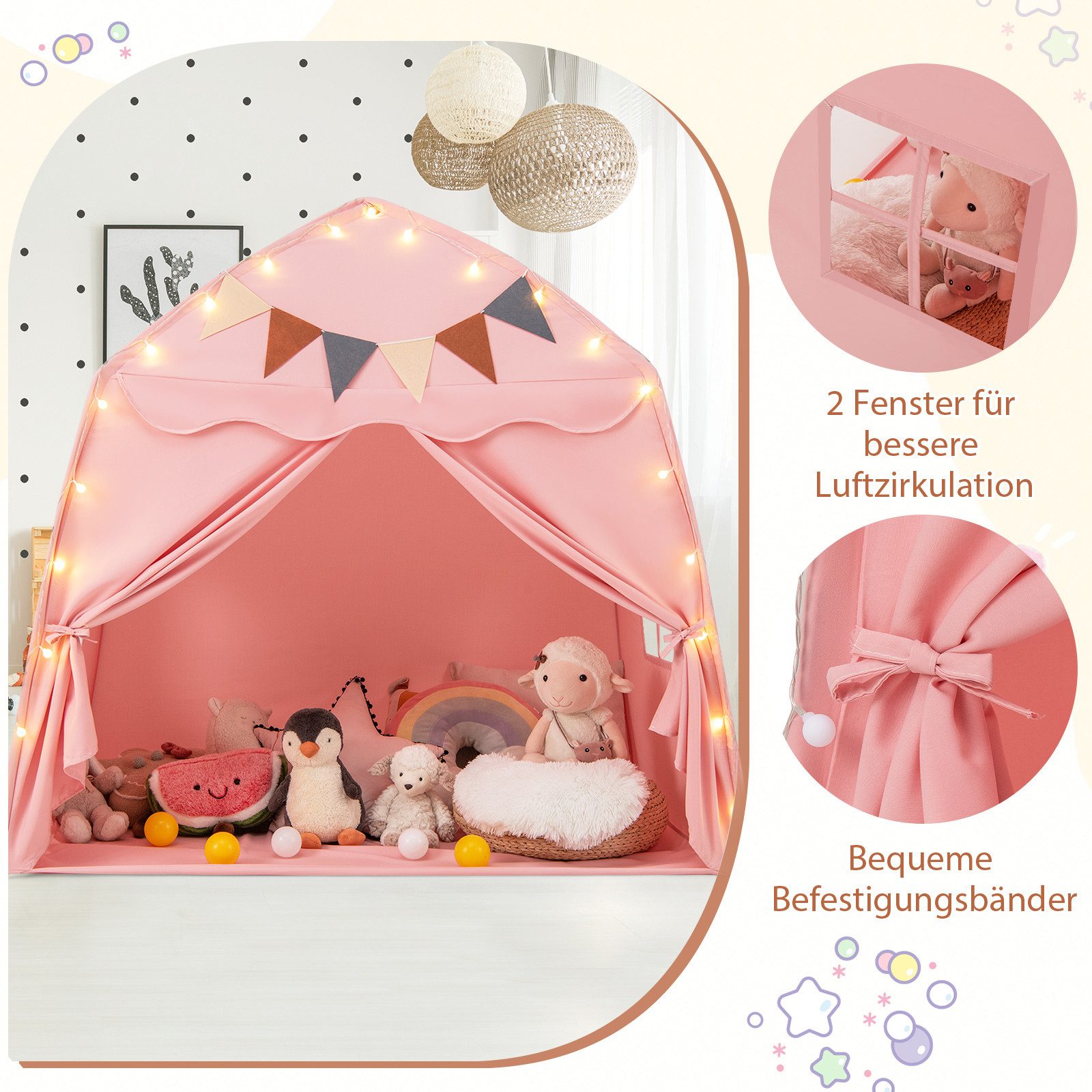 COSTWAY Spielzelt Kinder Spielhaus, mit Lichterketten, 157 x 98 x 148cm