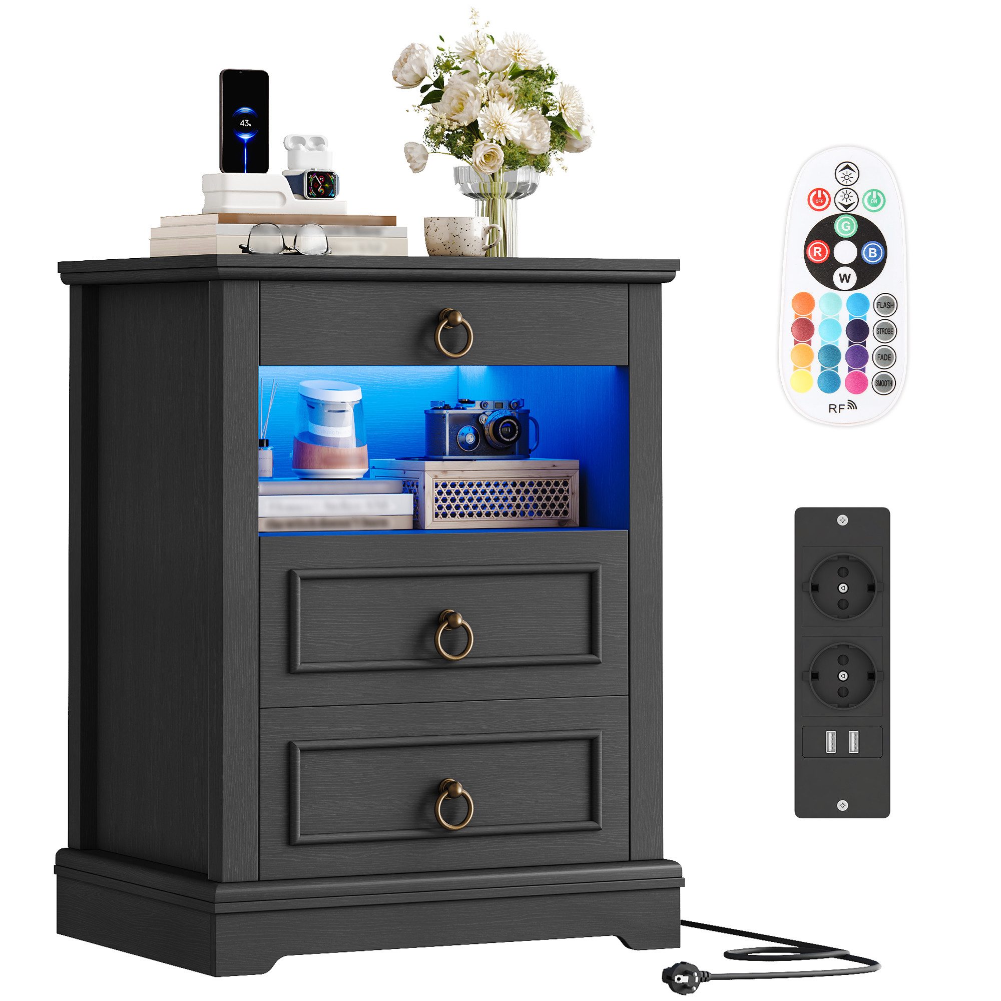 HOMECHO Nachttisch, mit LED, Steckdose & 3 Schubladen 1 Piece or 2 set, Weiß/Schwarz