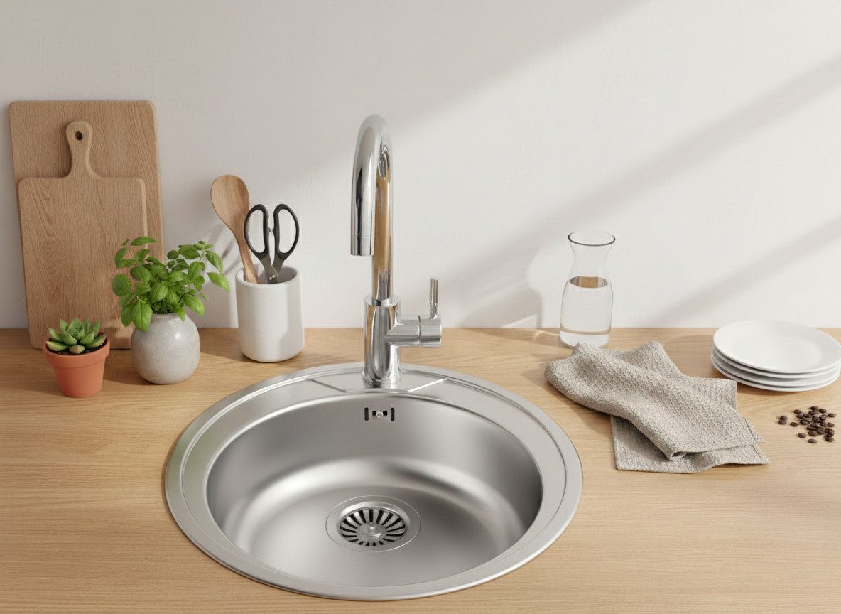 Faizee Möbel Edelstahlspüle Edelstahl Einbauspüle Küchenspüle Spülbecken Ablaufgarnitur + Armatur, Rund, 51/12 cm