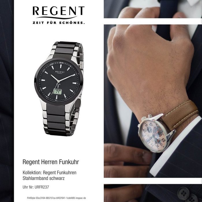 Regent Funkuhr Regent Herren-Armbanduhr schwarz silber (Funkuhr) Herren Funkuhr rund groß (ca. 40mm) Stahl Keramikarmband schwarz silber XB11357