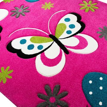 Kinderteppich Kinderteppich Schmetterling Design Pink Türkis Grau Grün Creme, TeppichHome24, rechteckig, Höhe: 13 mm