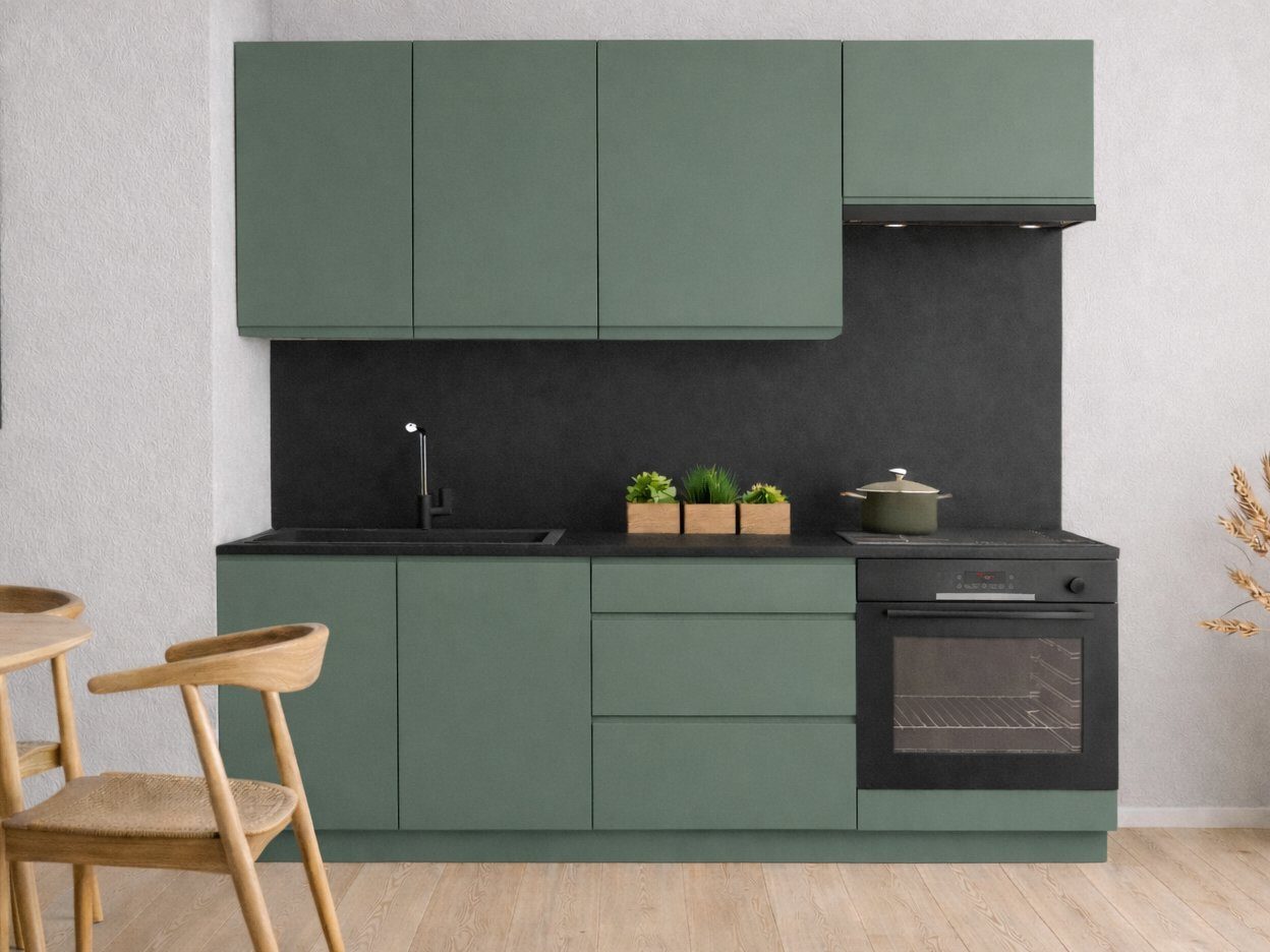 Möbel für Dich Küchenzeile Moderne Grifflose Einbauküche VELO 200 cm, 6-teilig, mit SoftClose, Fronten aus 19 mm Acrylplatte, Korpusstärke 18 mm