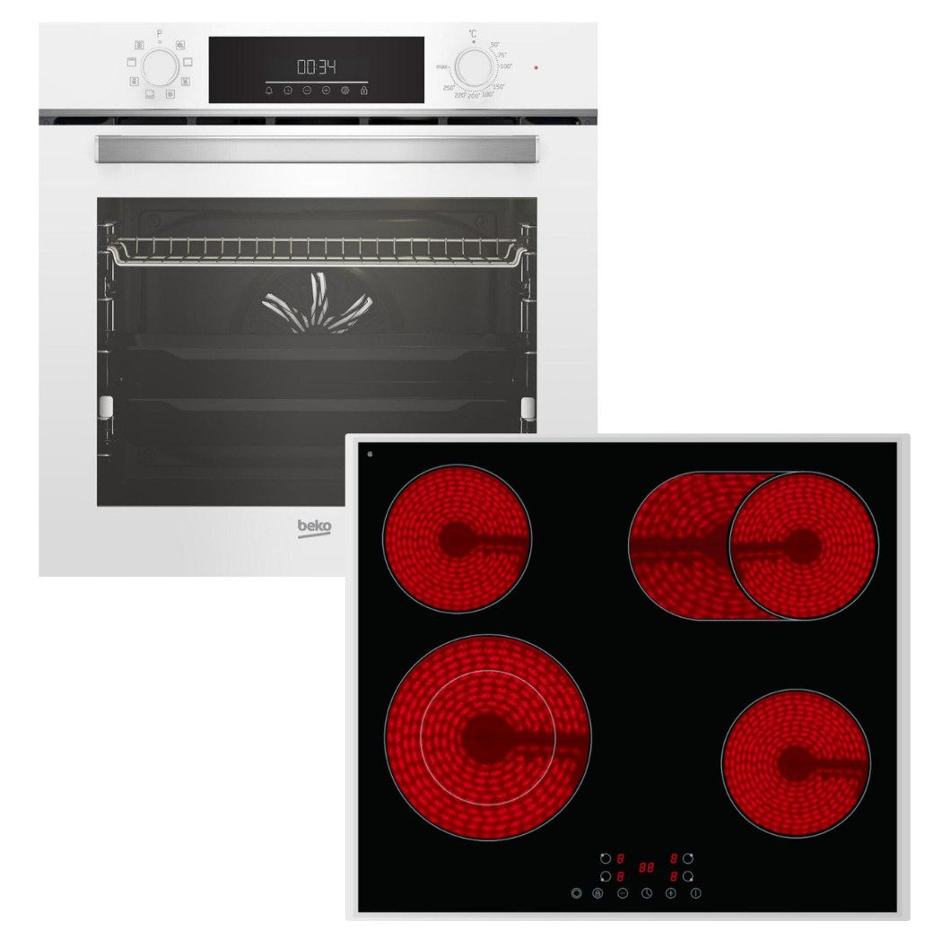 BEKO Backofen-Set Backofen weiß SteamShine Teleskopauszug + Elektrokochfeld Zweikreis, mit 1-fach Teilauszug, Steam Clean