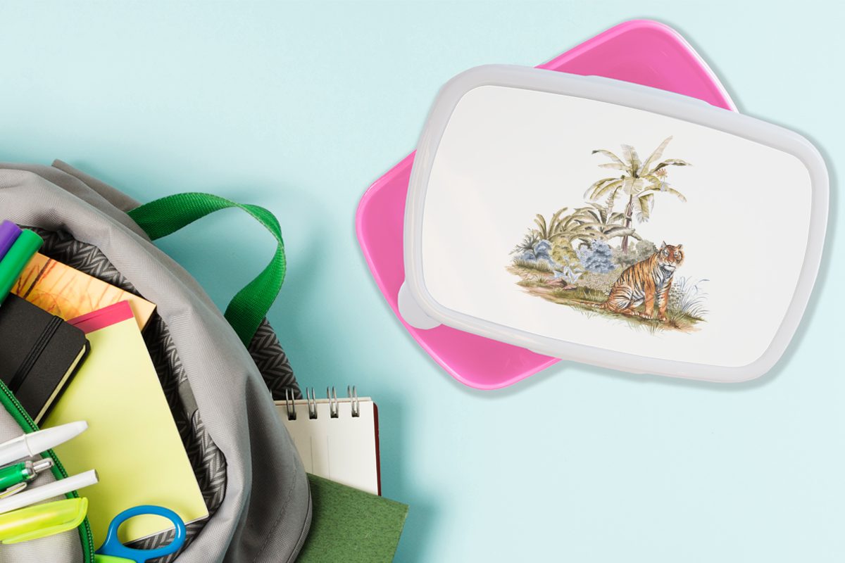 MuchoWow Lunchbox Kunststoff - Wald Tiger Kunststoff, Brotbox rosa Gemälde, Kinder, Mädchen, - Snackbox, Erwachsene, Brotdose (2-tlg), für