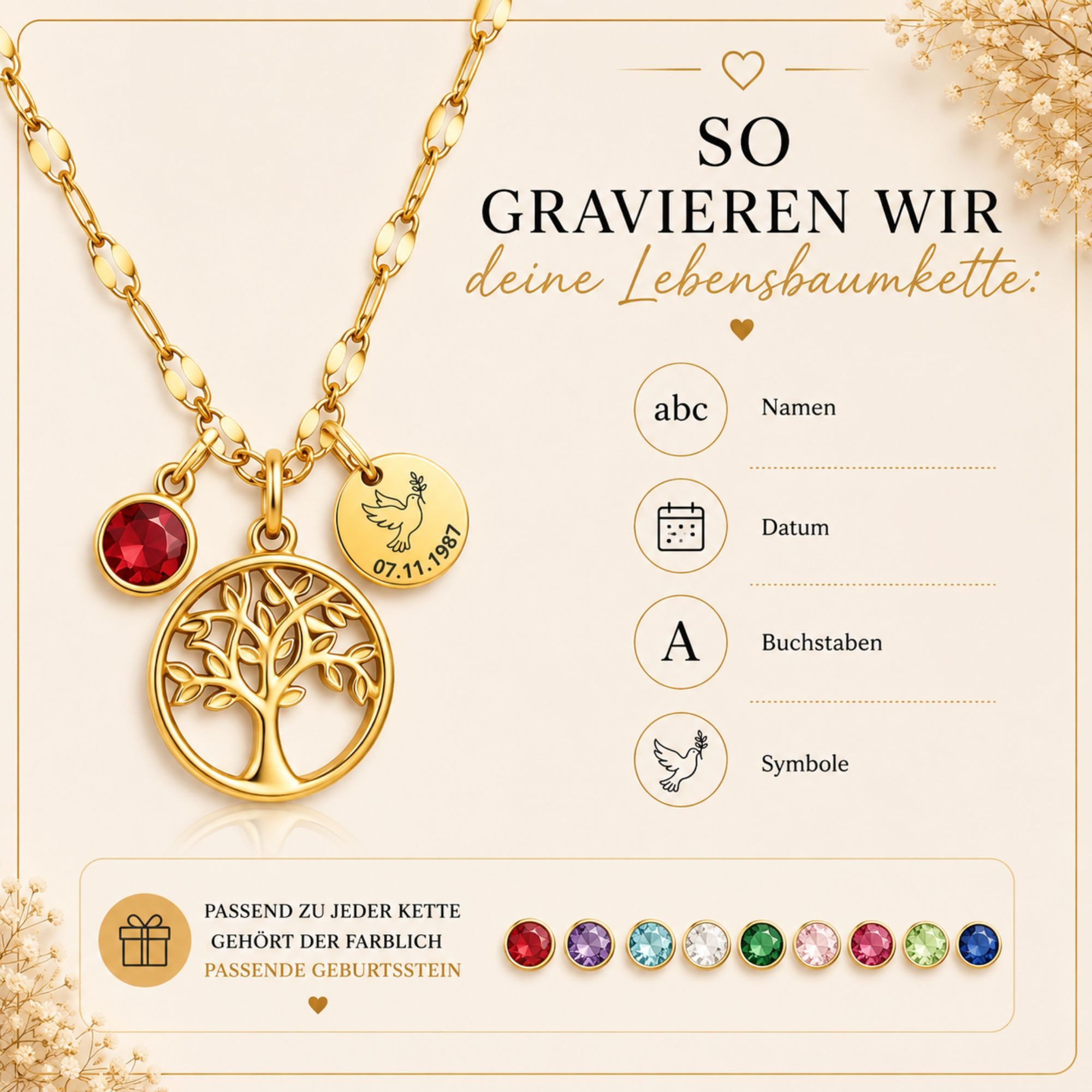 BS Schmuckdesign Kette mit Anhänger mit Gravur Personalisierte Halskette Damen Lebensbaum mit Geburtsstein Gravur (inkl. Gravur), personalisiert inkl. Geschenkbox