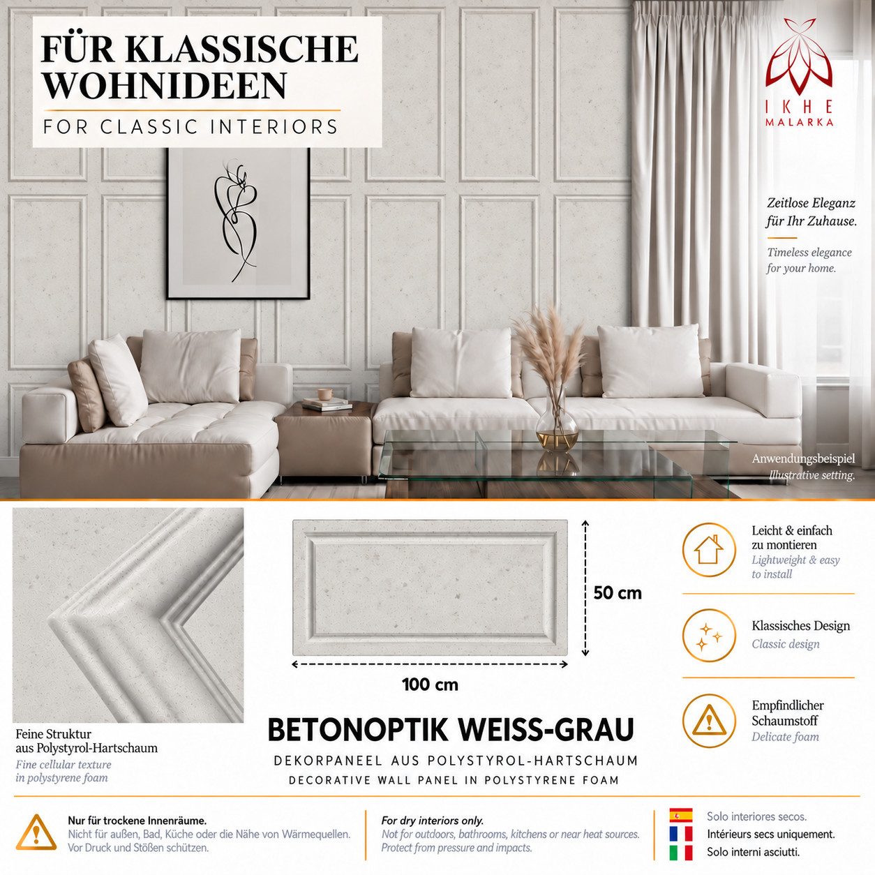 IKHEMalarka 3D Wandpaneel Betonoptik Marmor Ziegel aus Polystyrol Styropor XPS, BxL: 50,00x100,00 cm, 0,50 qm, (1 Stück, 0,5m) Deckenpaneelen - 3mm dick - 100x5 – Bild 5 von 5