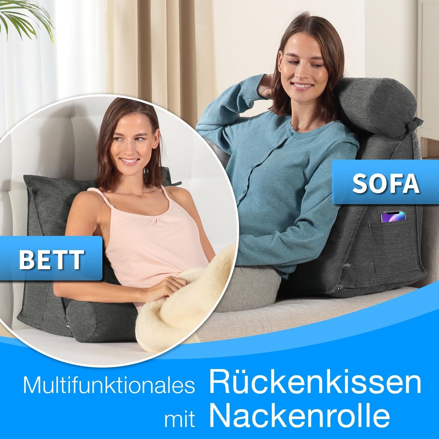 ELONEO Rückenkissen mit Nackenrolle für Bett & Sofa, 55x50x30cm, waschbarer Bezug