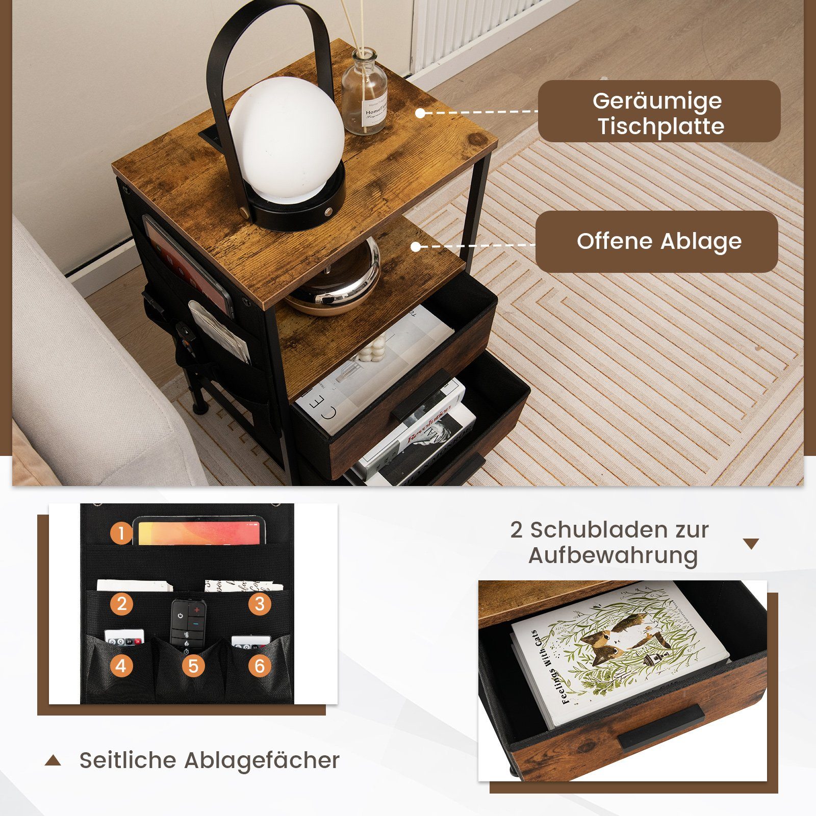 COSTWAY Nachttisch (2-St), mit Ladestation, USB-Anschlüsse&Schubladen, braun