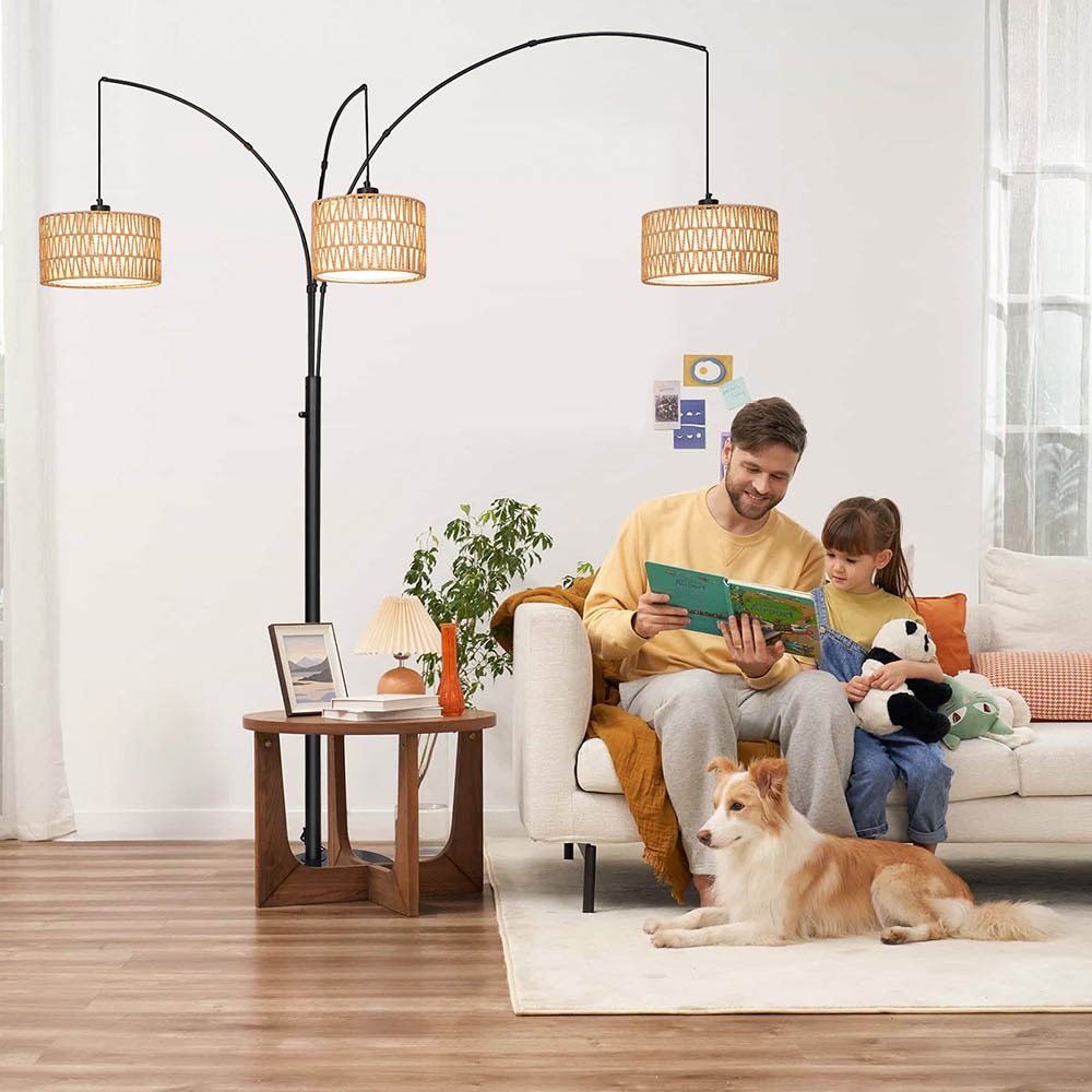 LMaxhome LED Stehlampe Boho Stehleuchte Rattan Drehknopfschalter Steh-Ecklampe 180CM, Doppelter Lampenschirm, LED fest integriert, Warmweißes Licht, mit 3 LED-G – Bild 5 von 5