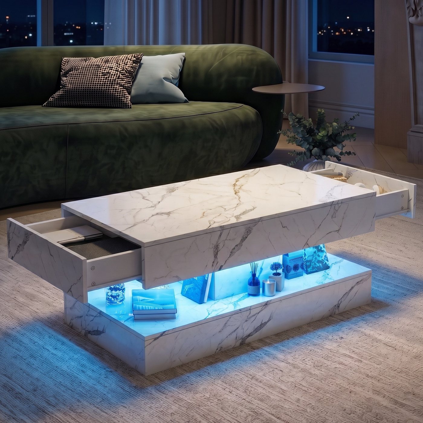 Gdood Couchtisch Wohnzimmertisch Beistelltisch LED Ablagetisch (Hochglänzender quadratischer, mit LED Beleuchtung & Fernsteuerung), Mit 2 Schubladen und 16-farbigen variablen