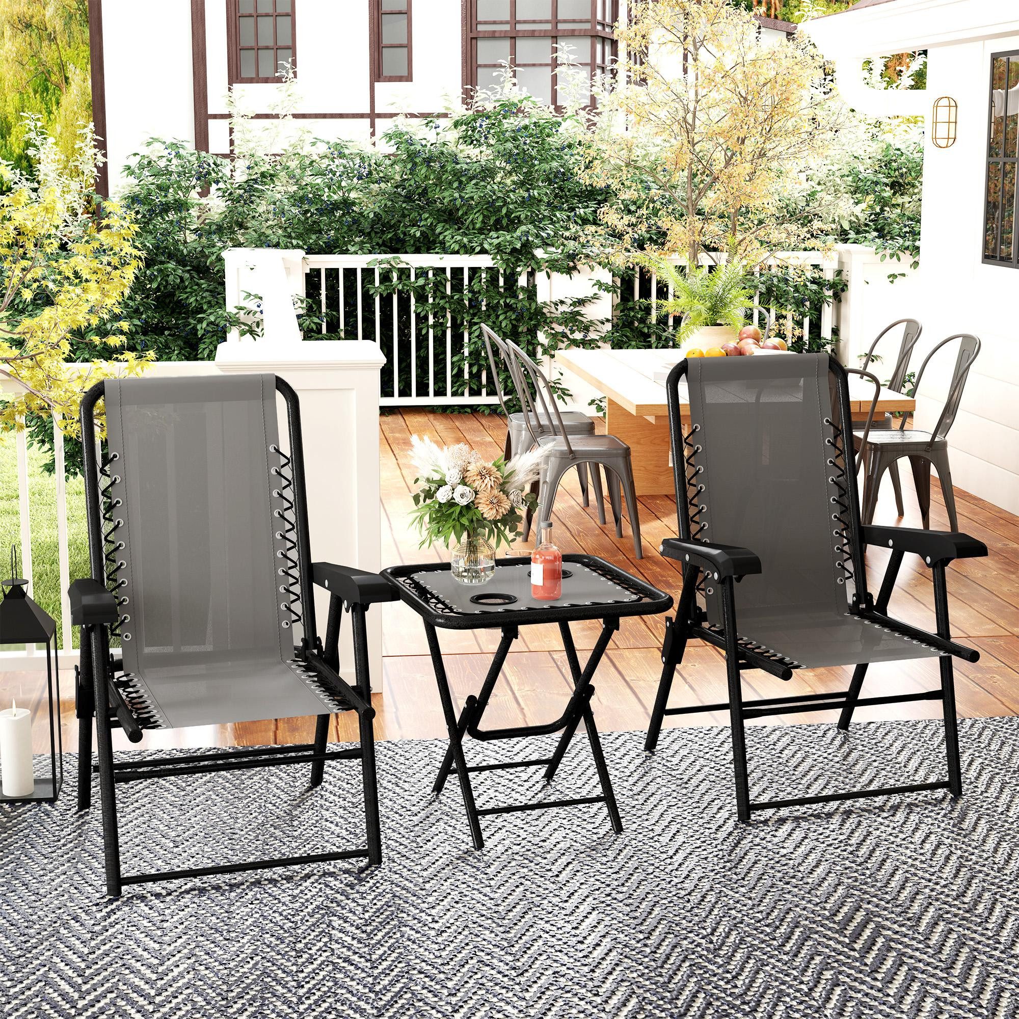 Outsunny Balkonset Bistrotisch und Gartenstühle, klappbar, Stahl, wetterfest, (Bistro Set, 3-tlg., Gartenmöbel Set), Dunkelgrau