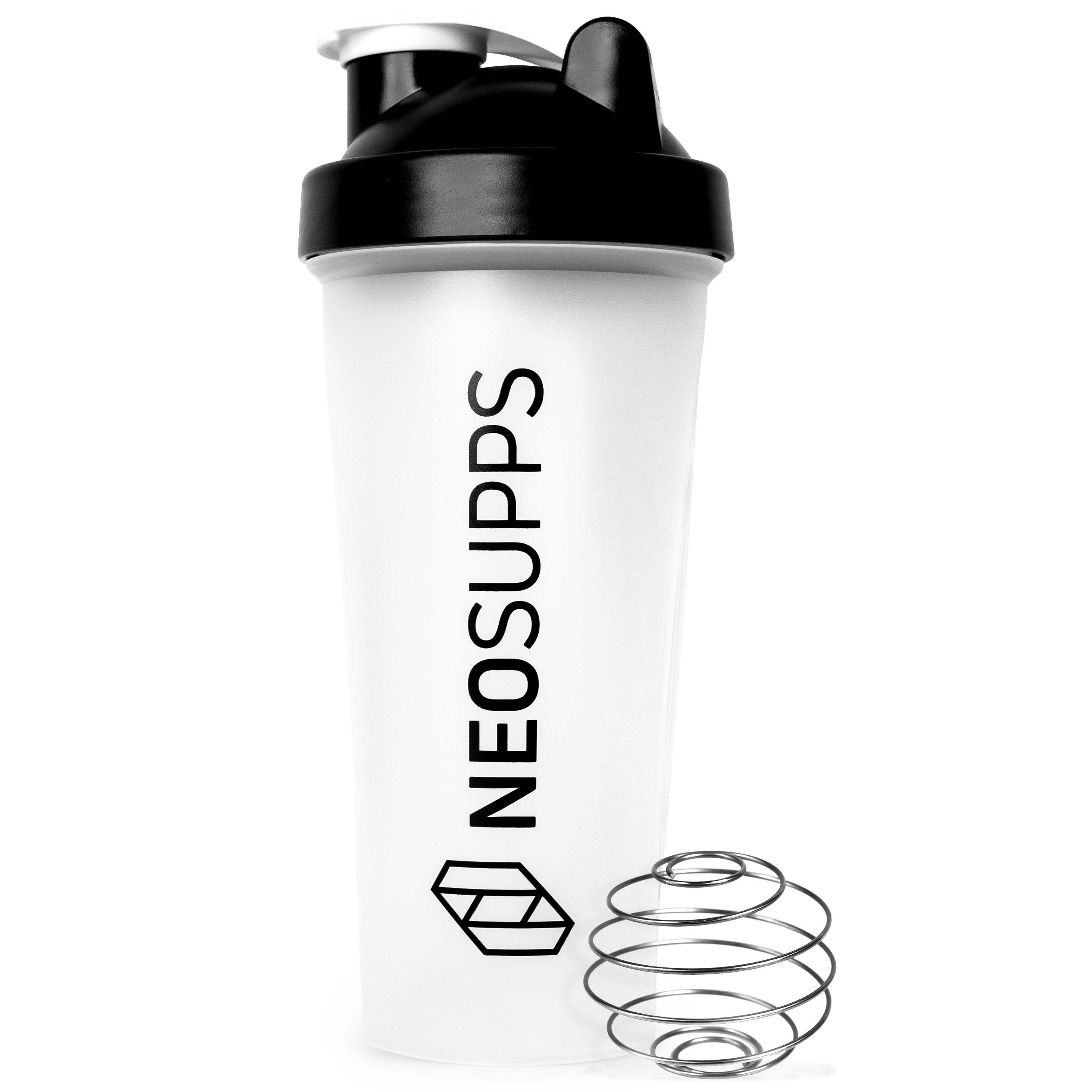 Neosupps Protein Shaker 600 ml, Transparenter Eiweiß Shaker, 100% Auslaufsicher Whey Shaker, mit Edelstahlkugel für klumpenfreies Shaken für Sport & unterwegs