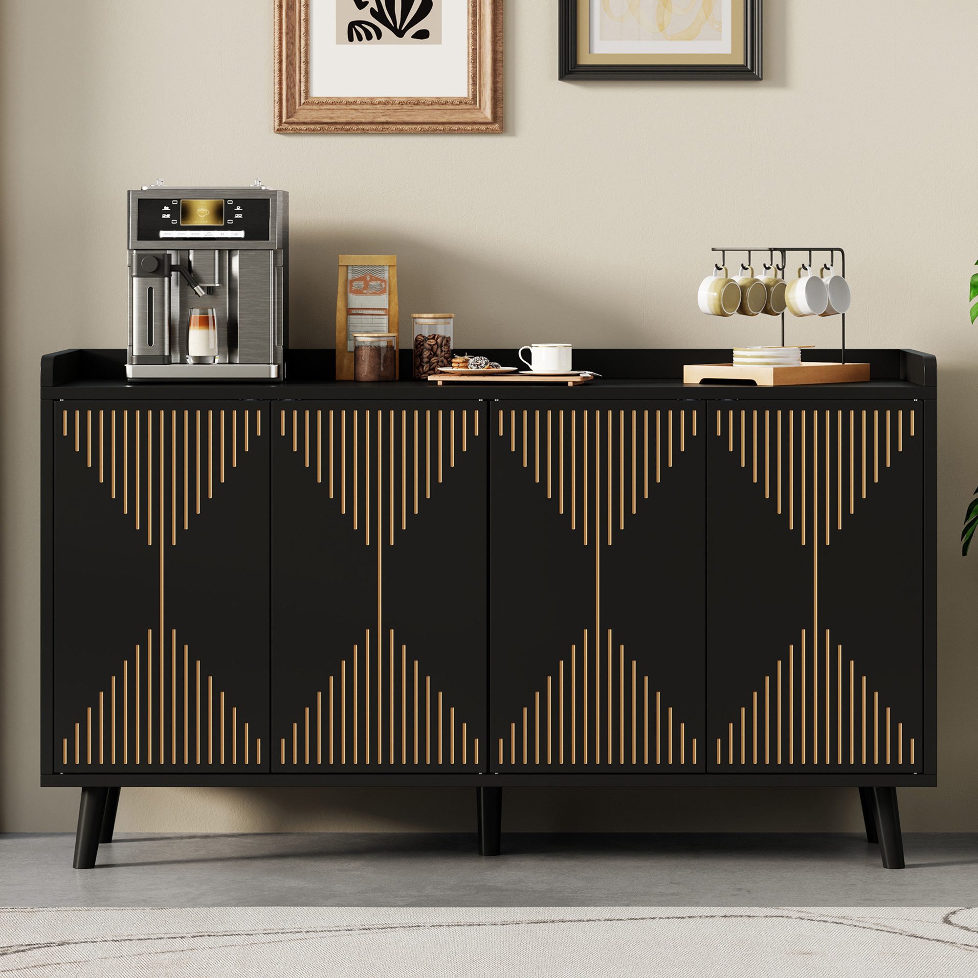 Flieks Sideboard Mehrzweckschrank mit 4 Türen und verstellbaren Einlegeböden (Aufbewahrungsschrank für Esszimmer, Wohnzimmer, Schlafzimmer, 1 St., B140xT40xH84 cm), multifunktionaler Küchenschrank mit Arbeitsplatte Schwarz, Holzbeine
