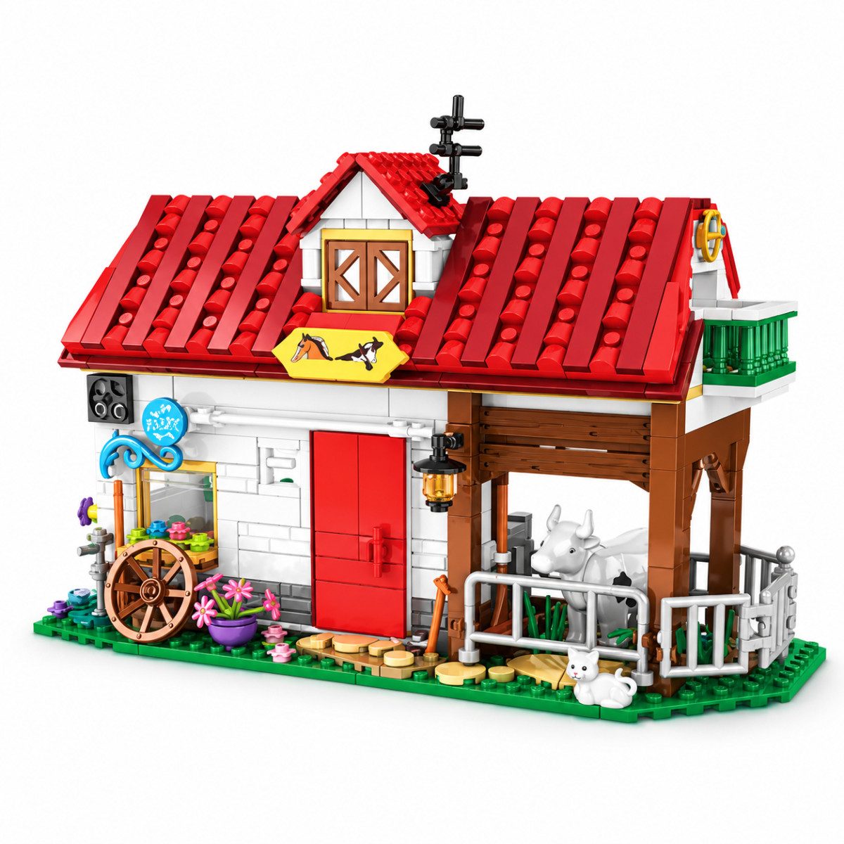 Woma W12107 Spielbausteine, (Farm-Spielset, 530 St., Pferderanch aus 530 Teilen mit Stallbereichen und Tierfiguren), Pferderanch mit Stallbereichen sowie Pferde- und Kuhfiguren