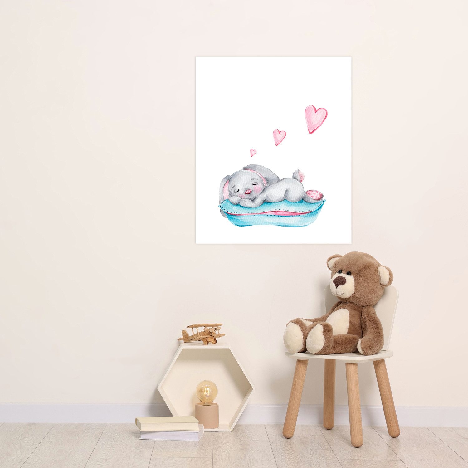 Lüttenhütt Bild mit Rahmen oder Poster, Schlafender Hase mit Herzen, Fantasy, Hase, Hasen, Herz, Herzen, Tiere (1 St), HD Premium Druck