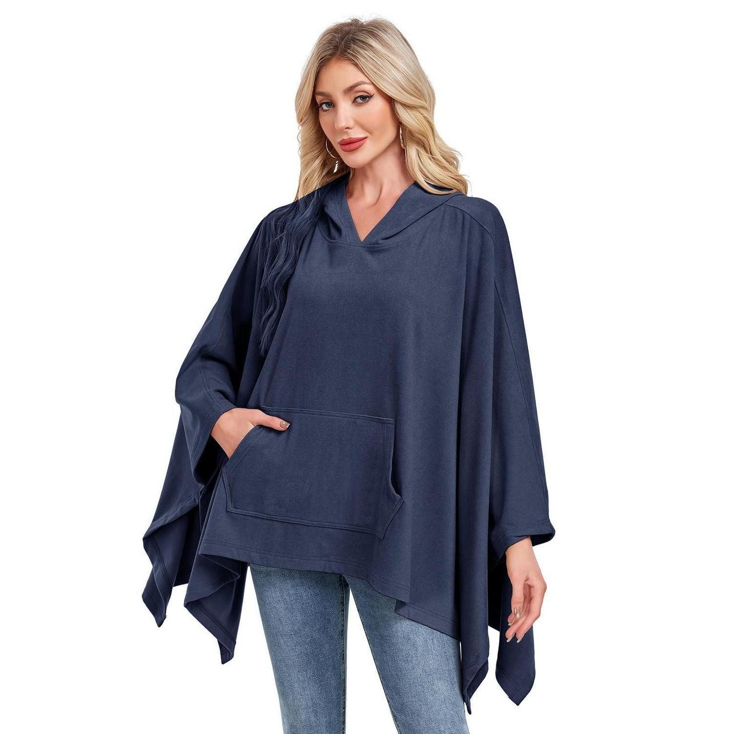 LuxusKollektion Modeschal Damen Poncho mit Kapuze Blau, (1-St)